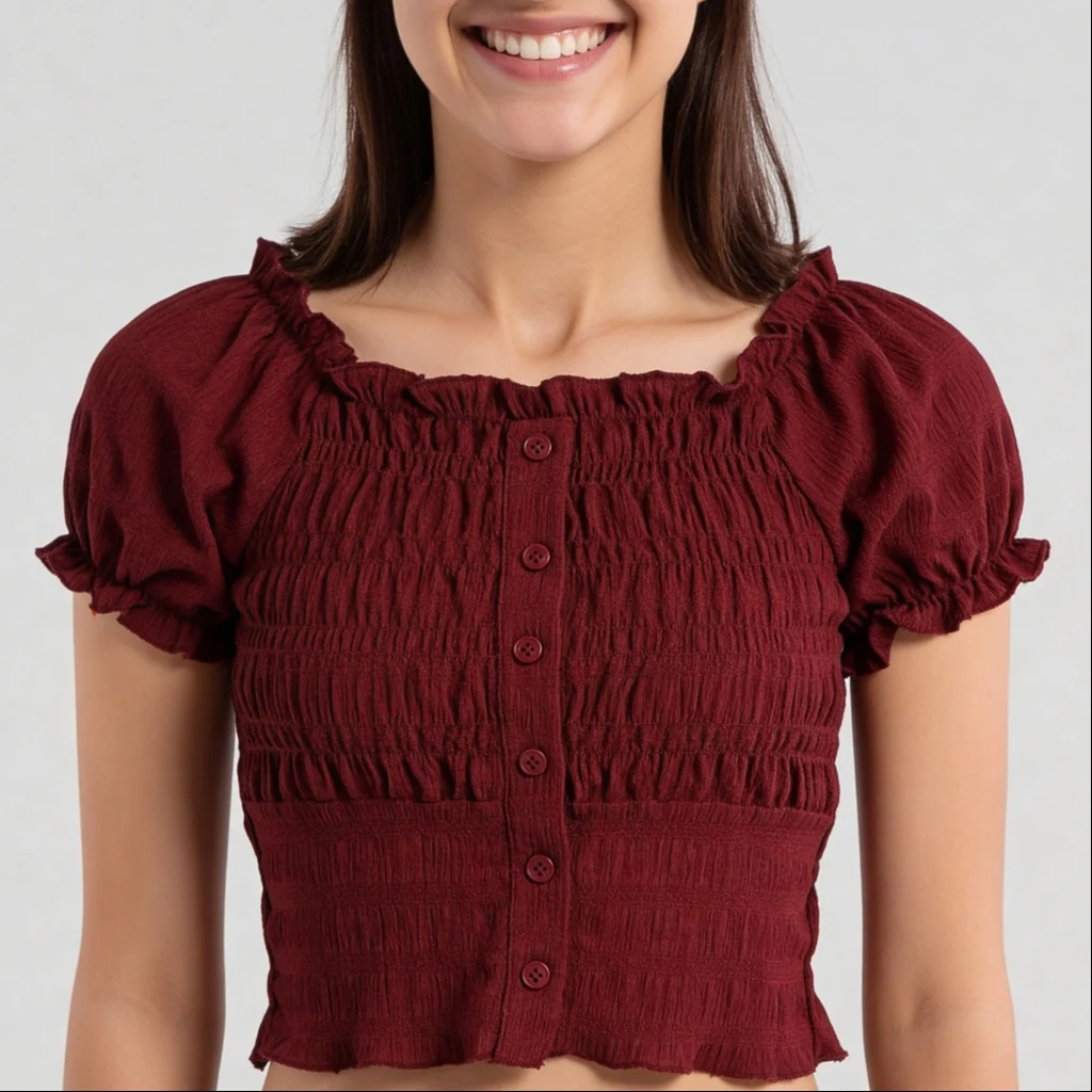 Smocking Detail Square Neck Cropped Top - Image 9