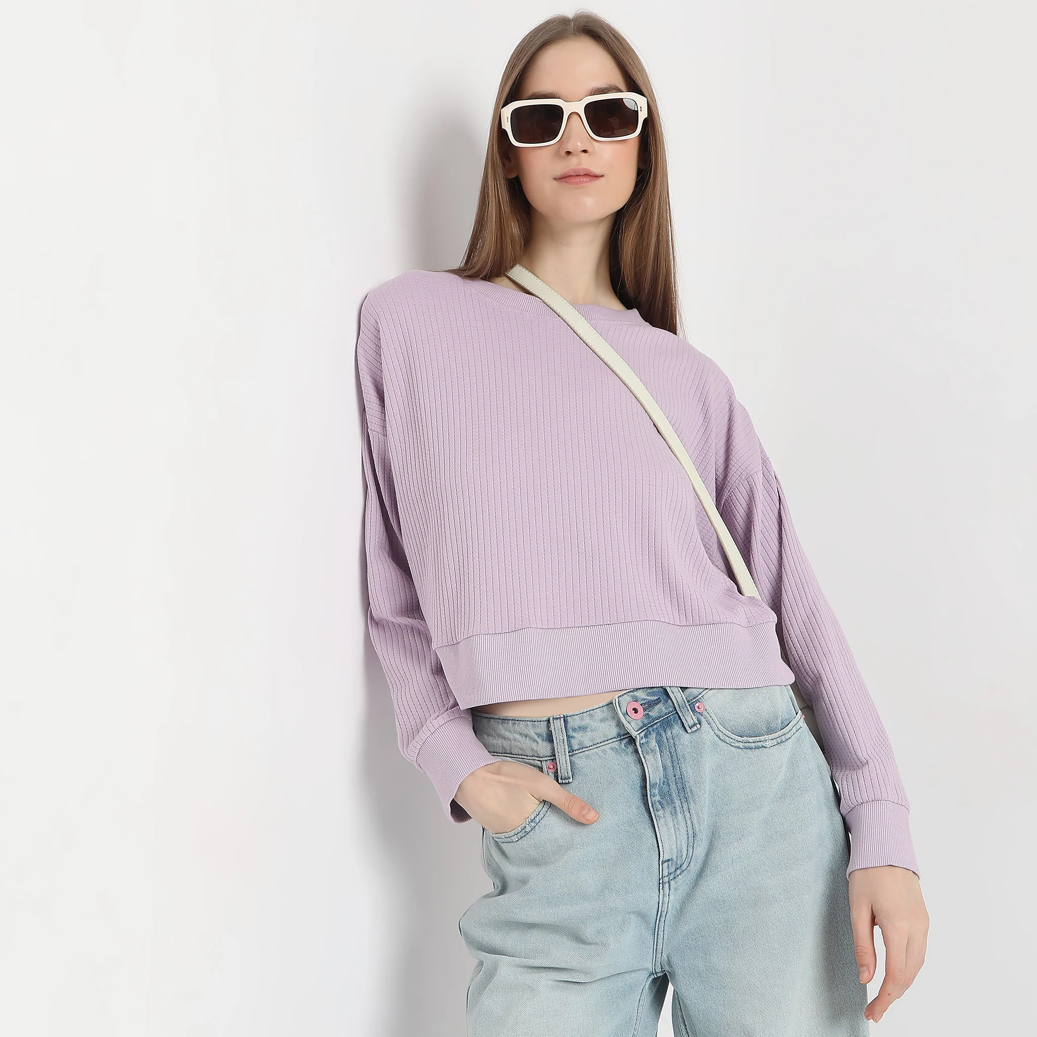 Cropped Solid Round Neck Sweat Tee - Image 2