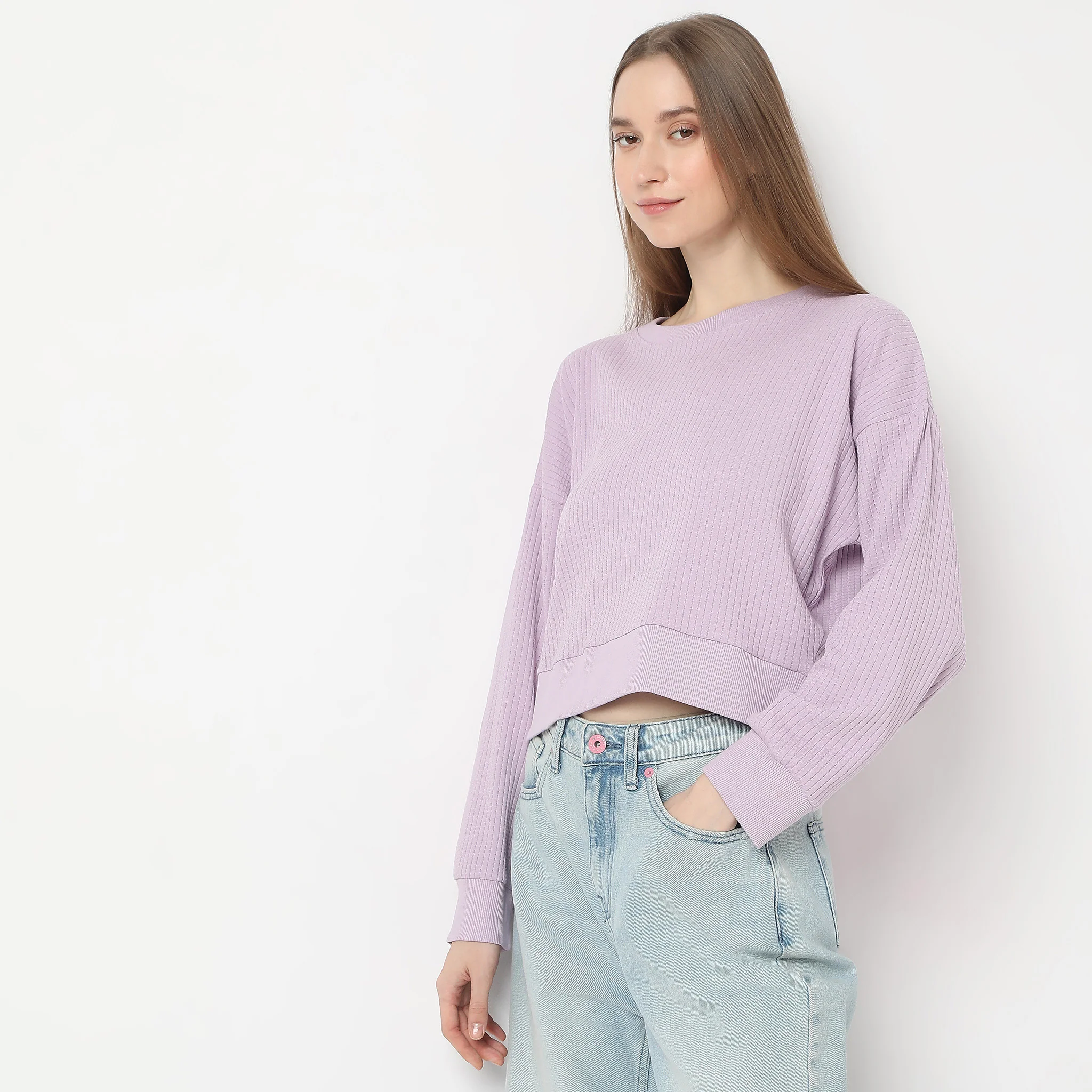 Cropped Solid Round Neck Sweat Tee - Image 5