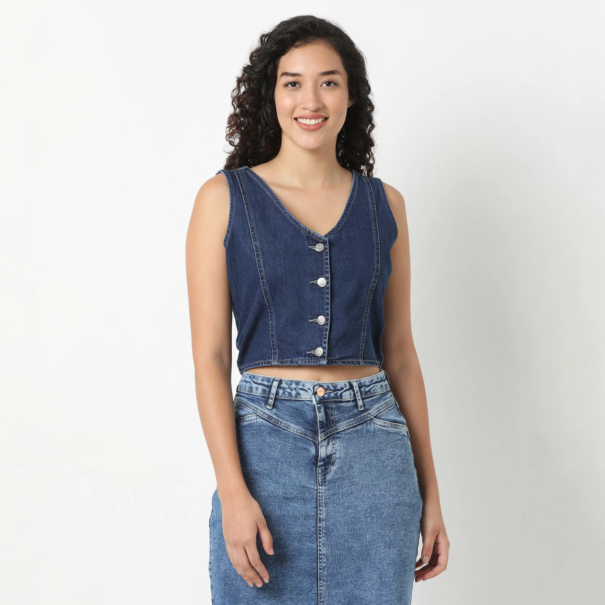 Denim Basic Waistcoat With Metal Button Closure - Image 2