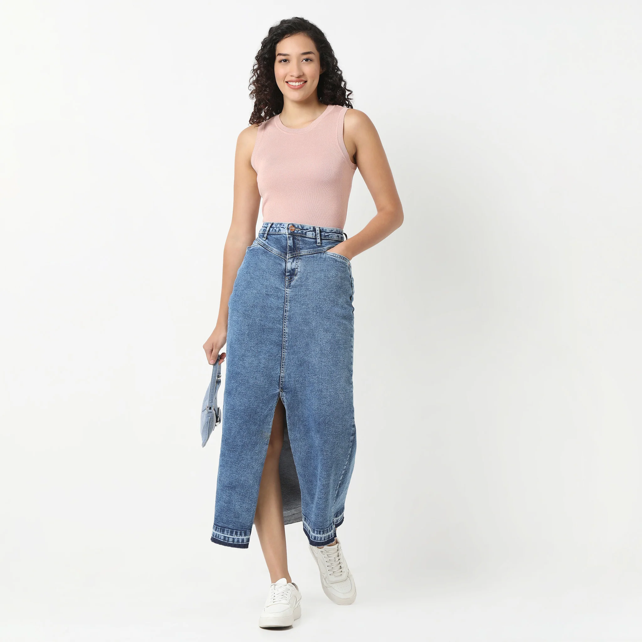 Denim Blue Skirt Streetwear Front Slit High Waist Long Skirts With Open Hem