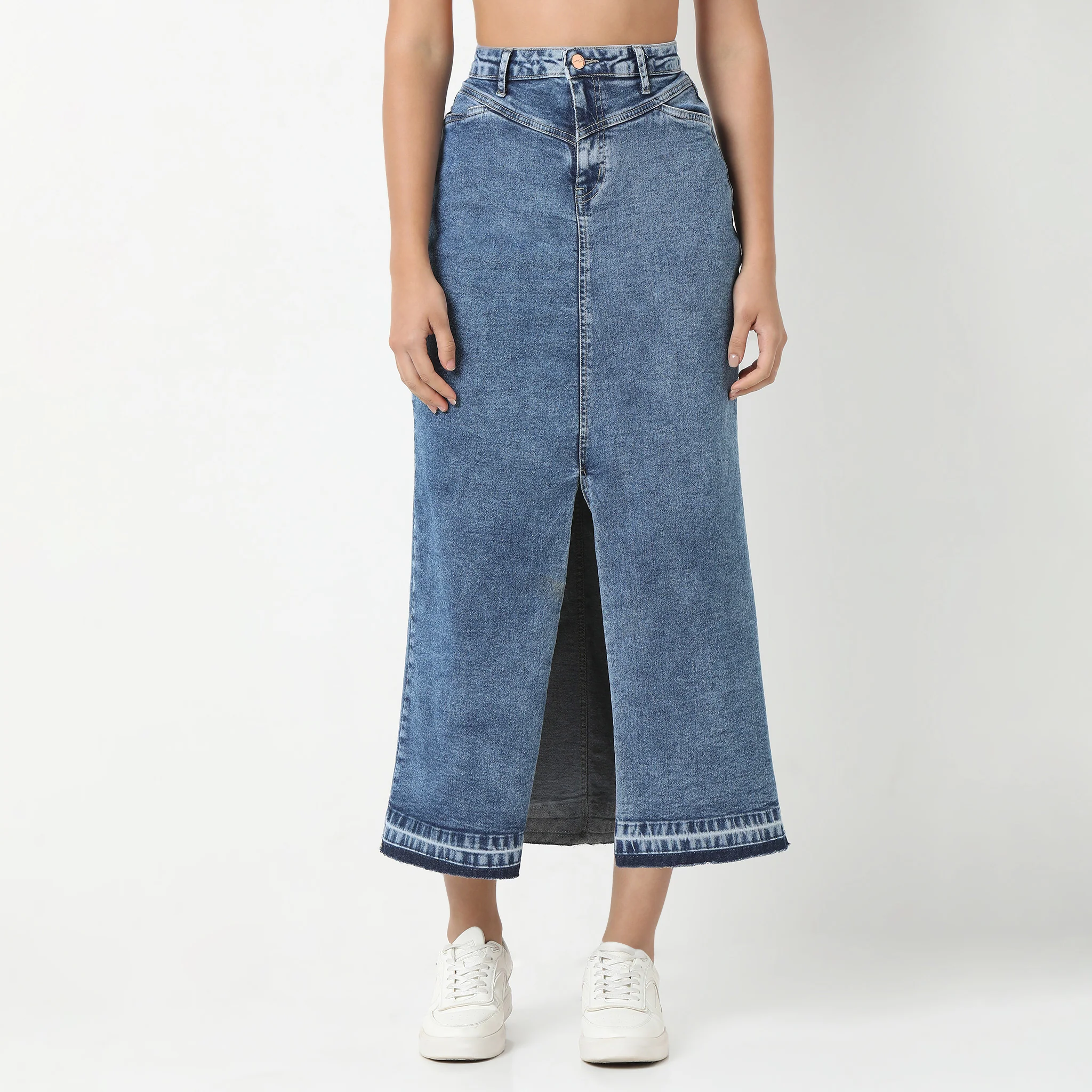 Denim Blue Skirt Streetwear Front Slit High Waist Long Skirts With Open Hem - Image 2