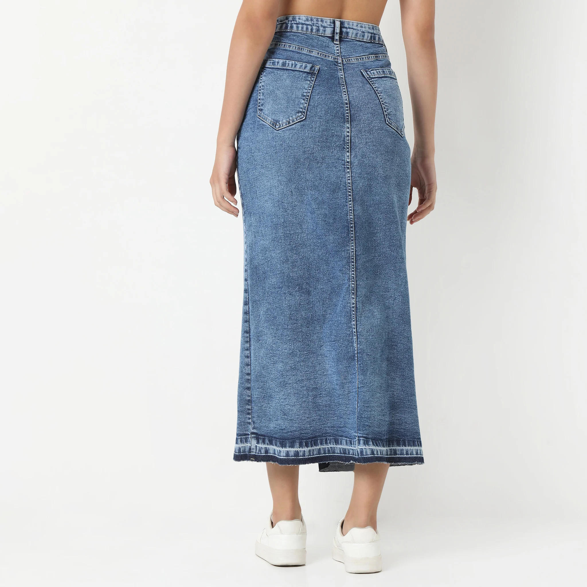 Denim Blue Skirt Streetwear Front Slit High Waist Long Skirts With Open Hem - Image 3