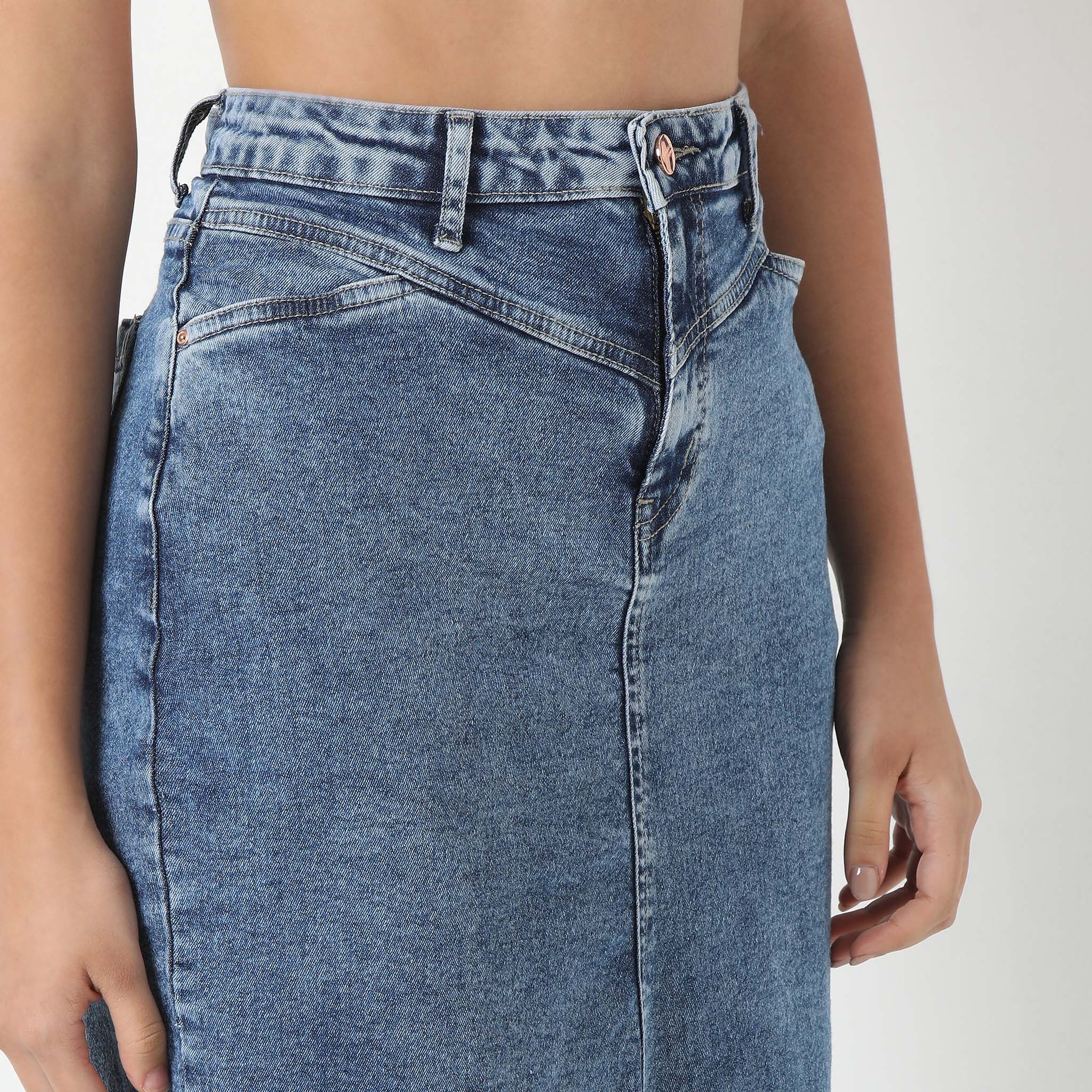 Denim Blue Skirt Streetwear Front Slit High Waist Long Skirts With Open Hem - Image 4