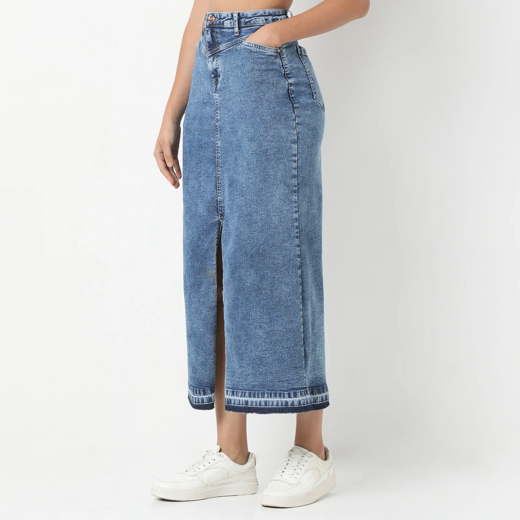 Denim Blue Skirt Streetwear Front Slit High Waist Long Skirts With Open Hem - Image 5