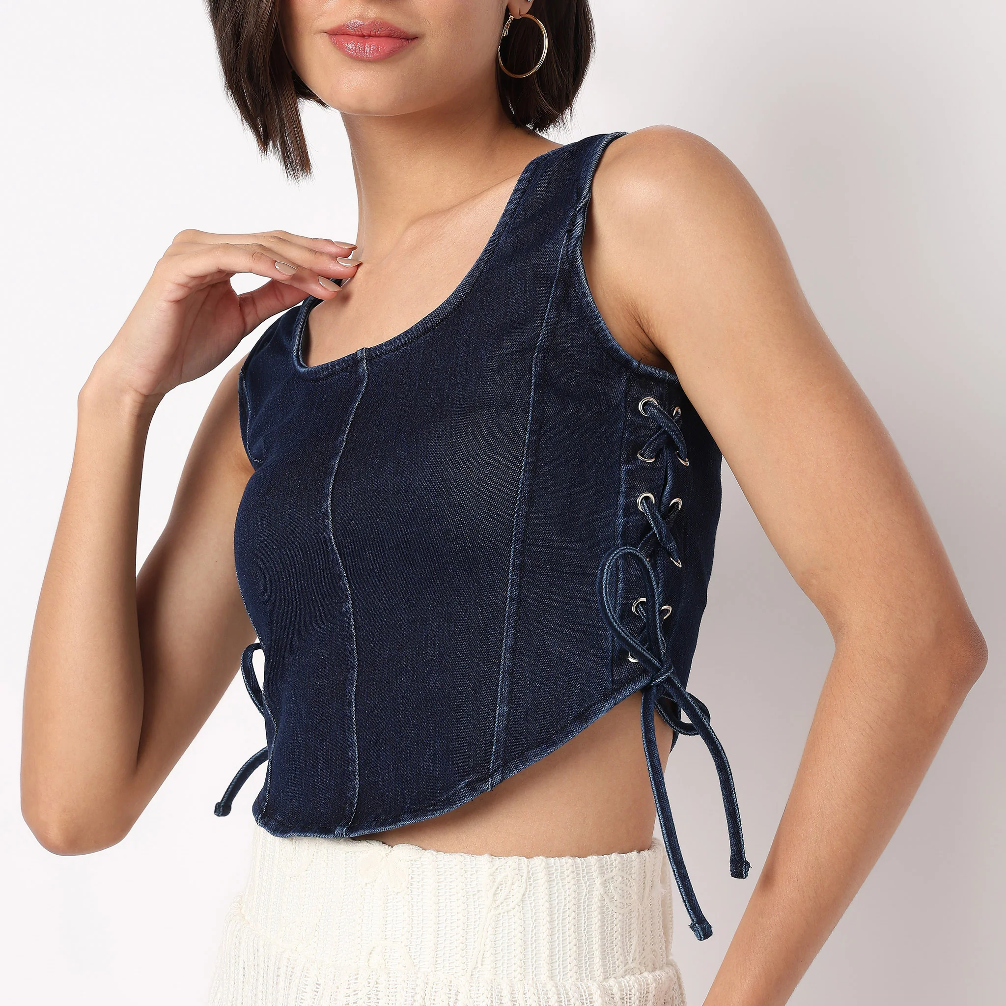 Denim Knit Top With Side Cross Strap Look - Image 4