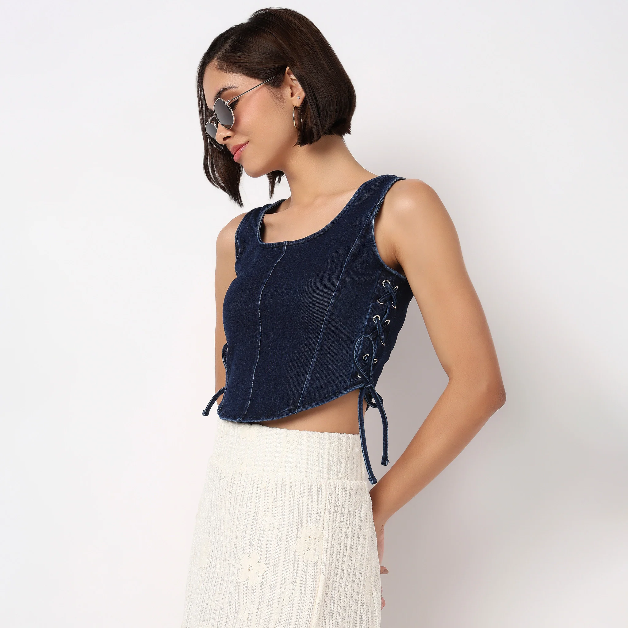 Denim Knit Top With Side Cross Strap Look - Image 5