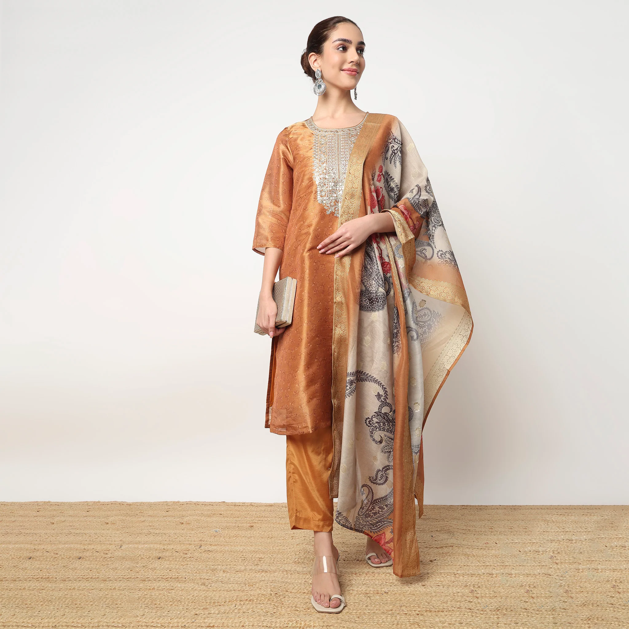 Embellished Straight Kurta with Pant and Dupatta Set