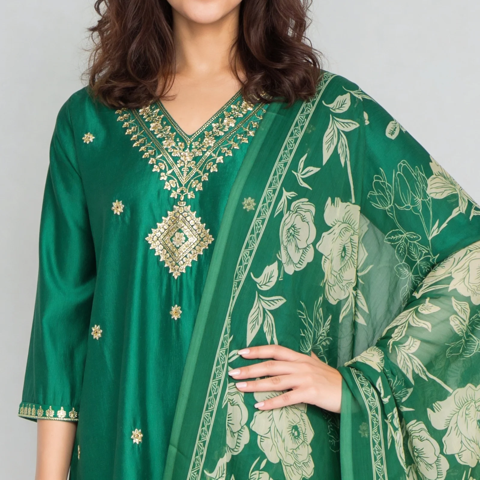 Embellished V-Neck Straight Kurta with Pant & Dupatta Set - Image 4
