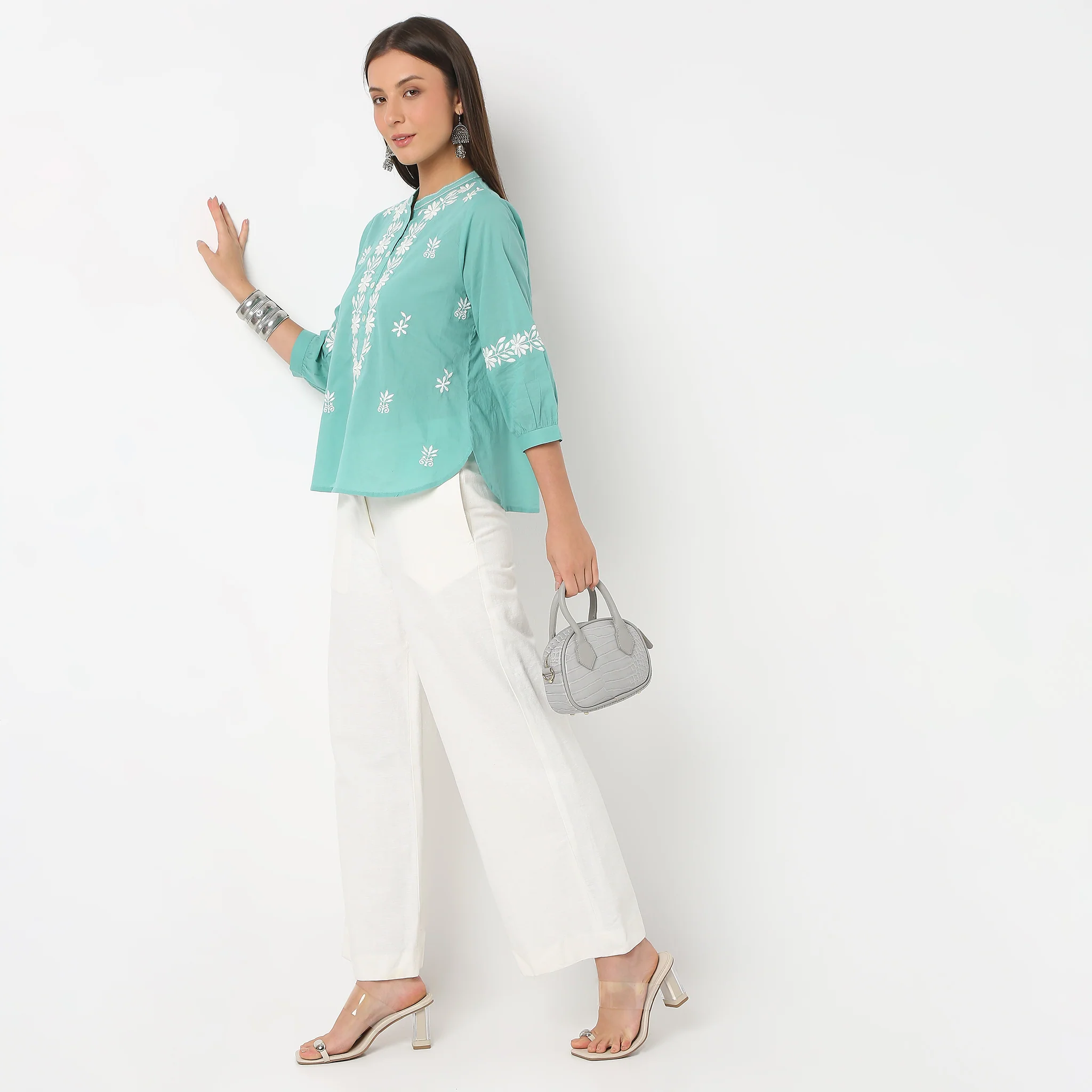Embroidered Band Neck Top