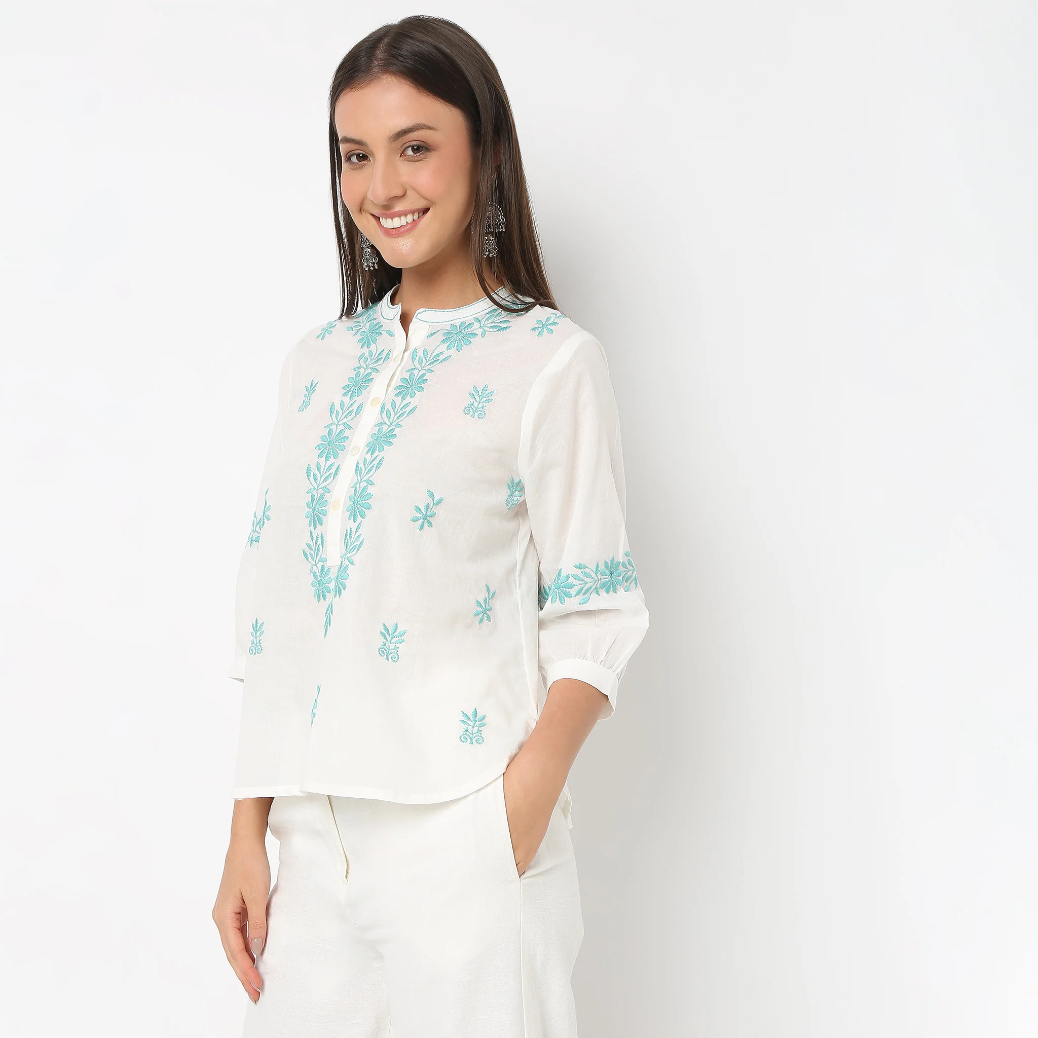 Embroidered Band Neck Top - Image 10
