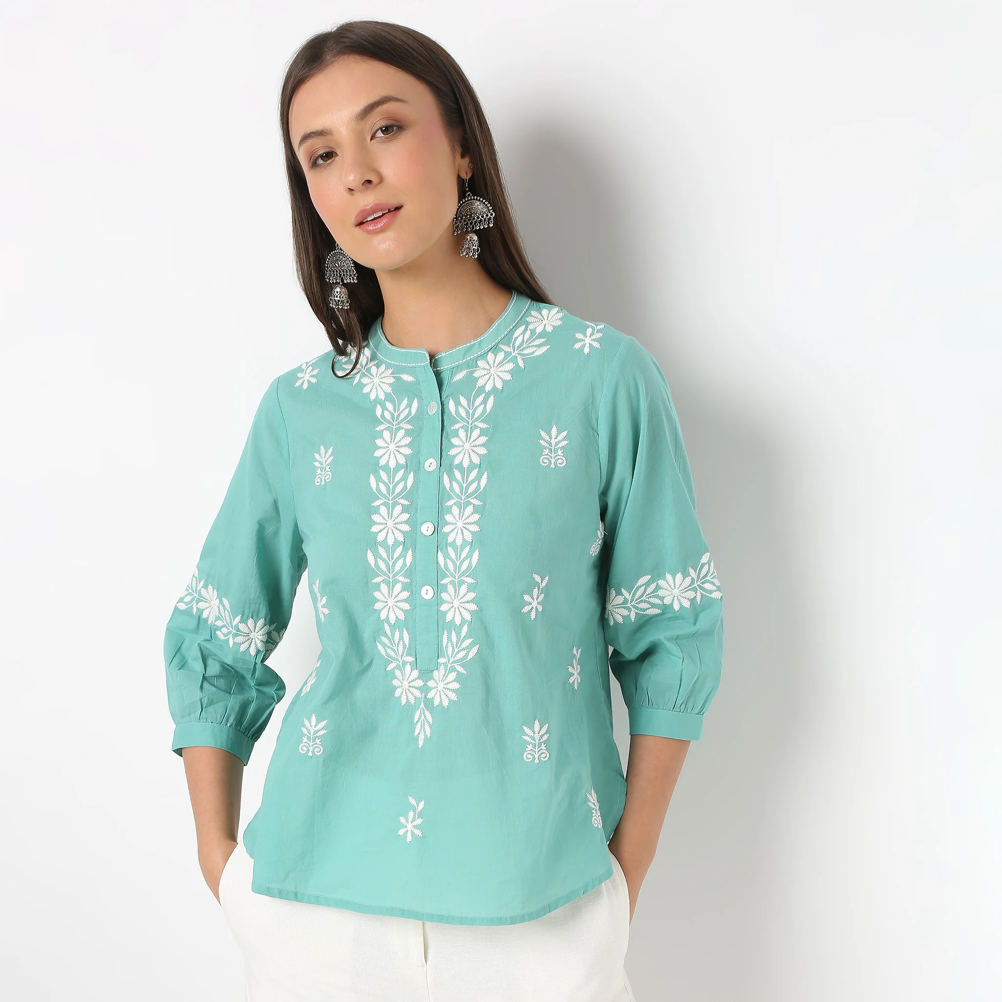 Embroidered Band Neck Top - Image 2