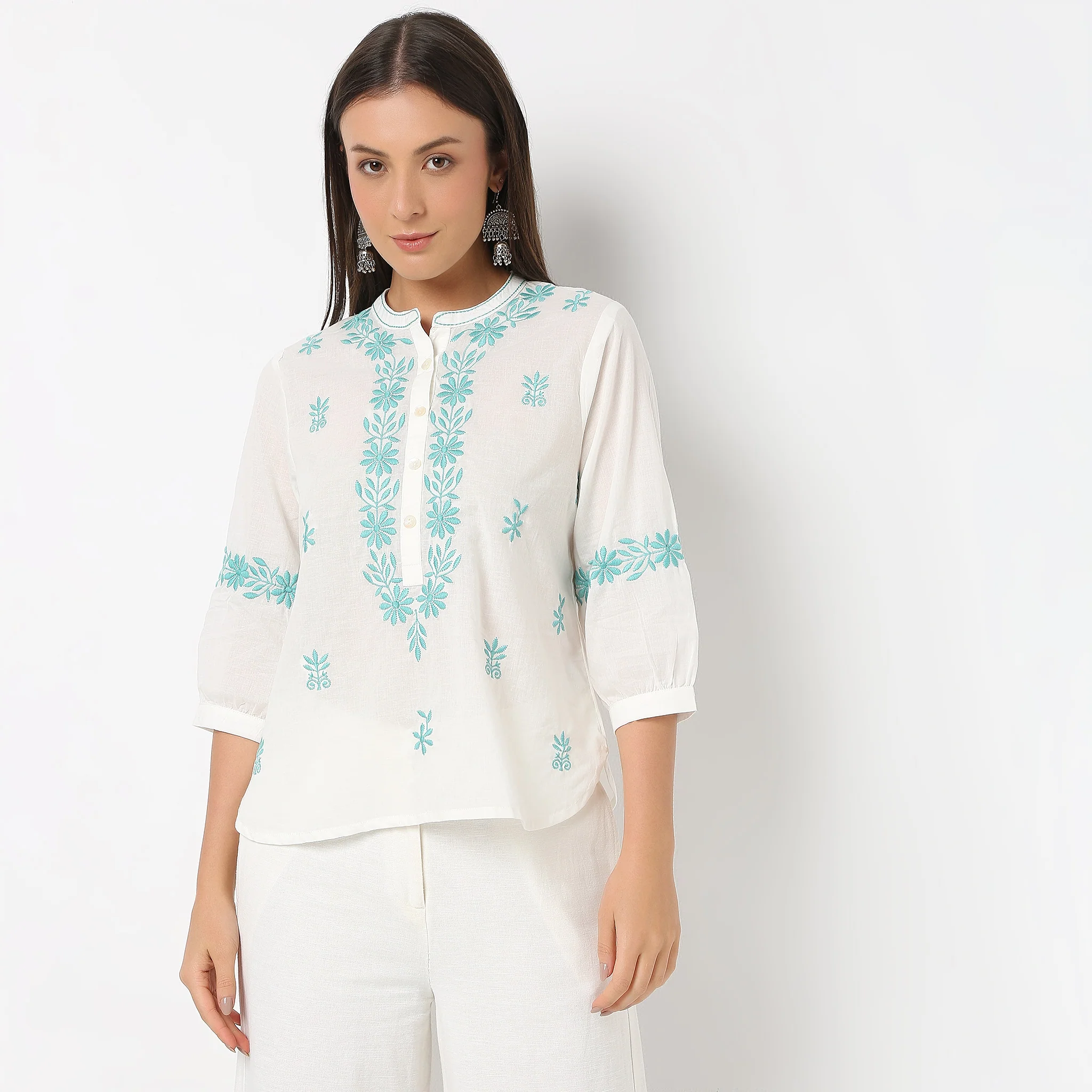 Embroidered Band Neck Top - Image 7