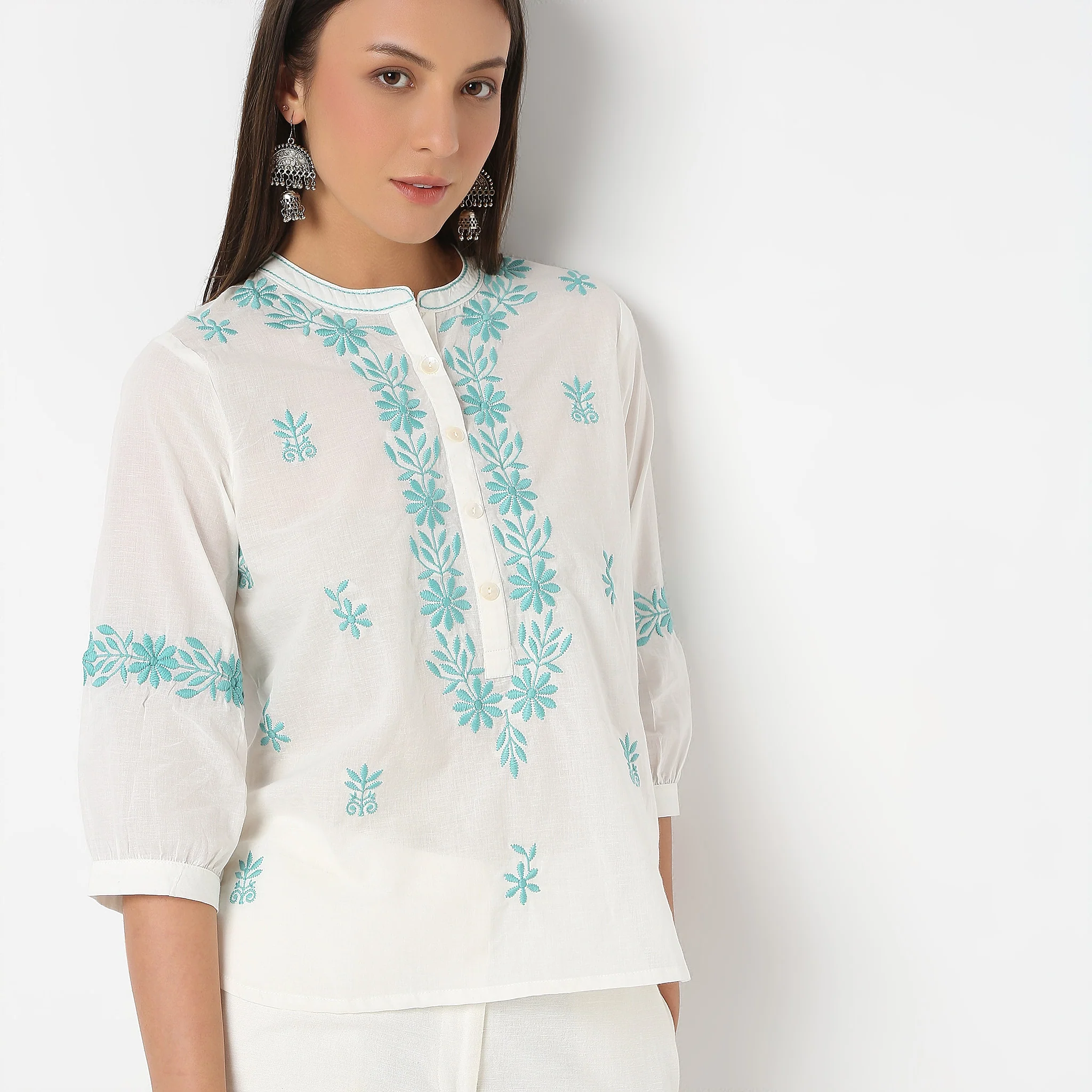 Embroidered Band Neck Top - Image 9