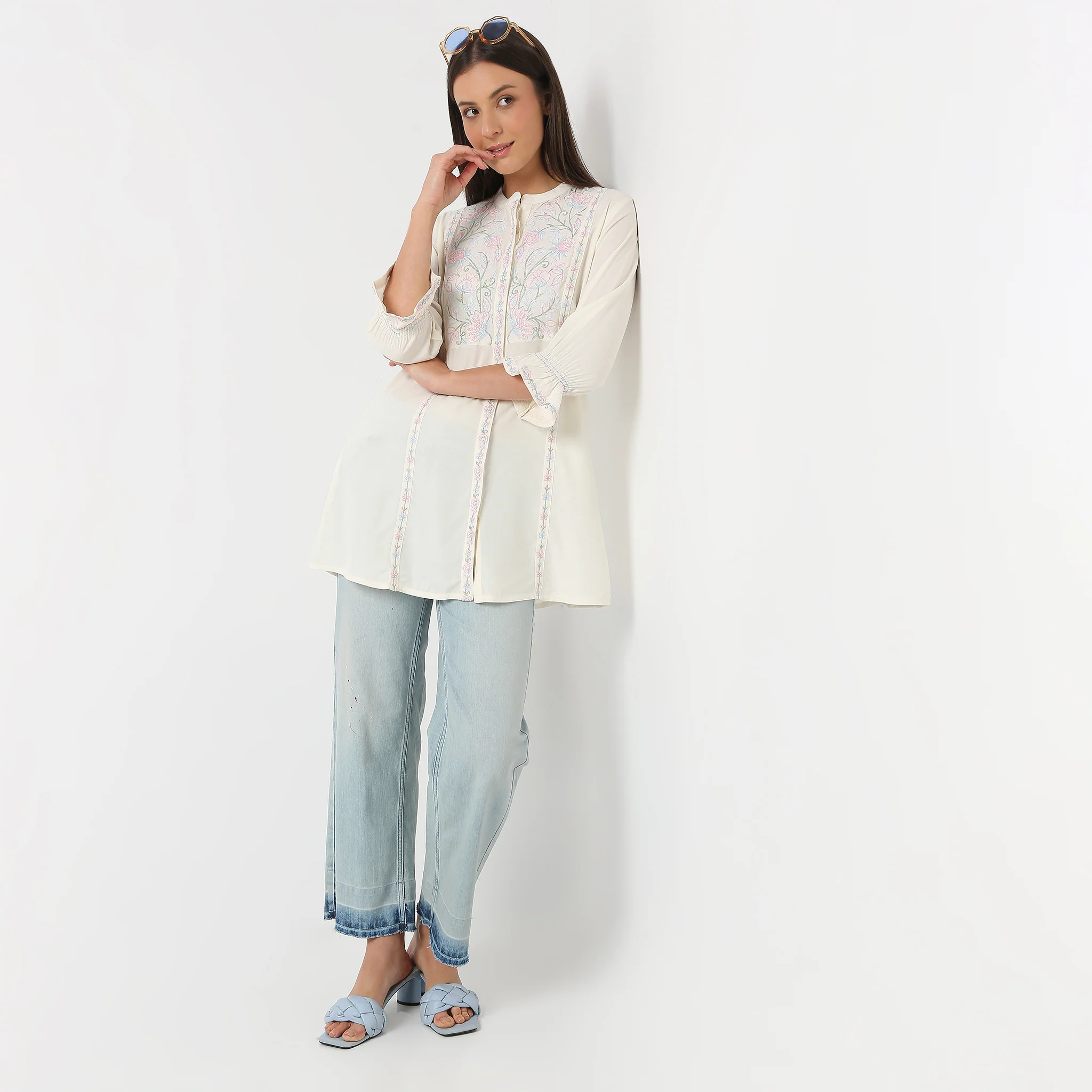 Embroidered Band Neck Three-Fourth Sleeve Flare Fit Tunic