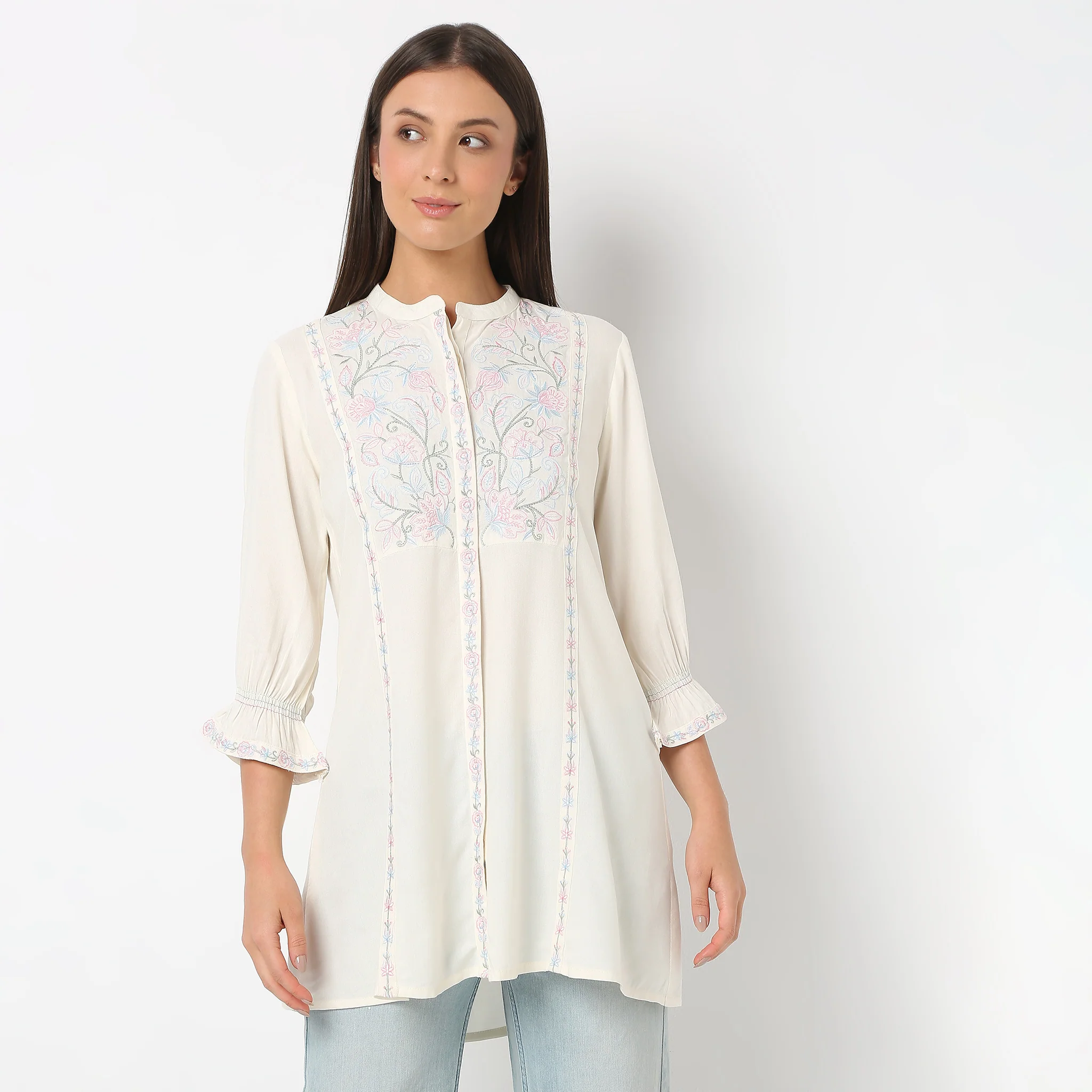 Embroidered Band Neck Three-Fourth Sleeve Flare Fit Tunic - Image 2