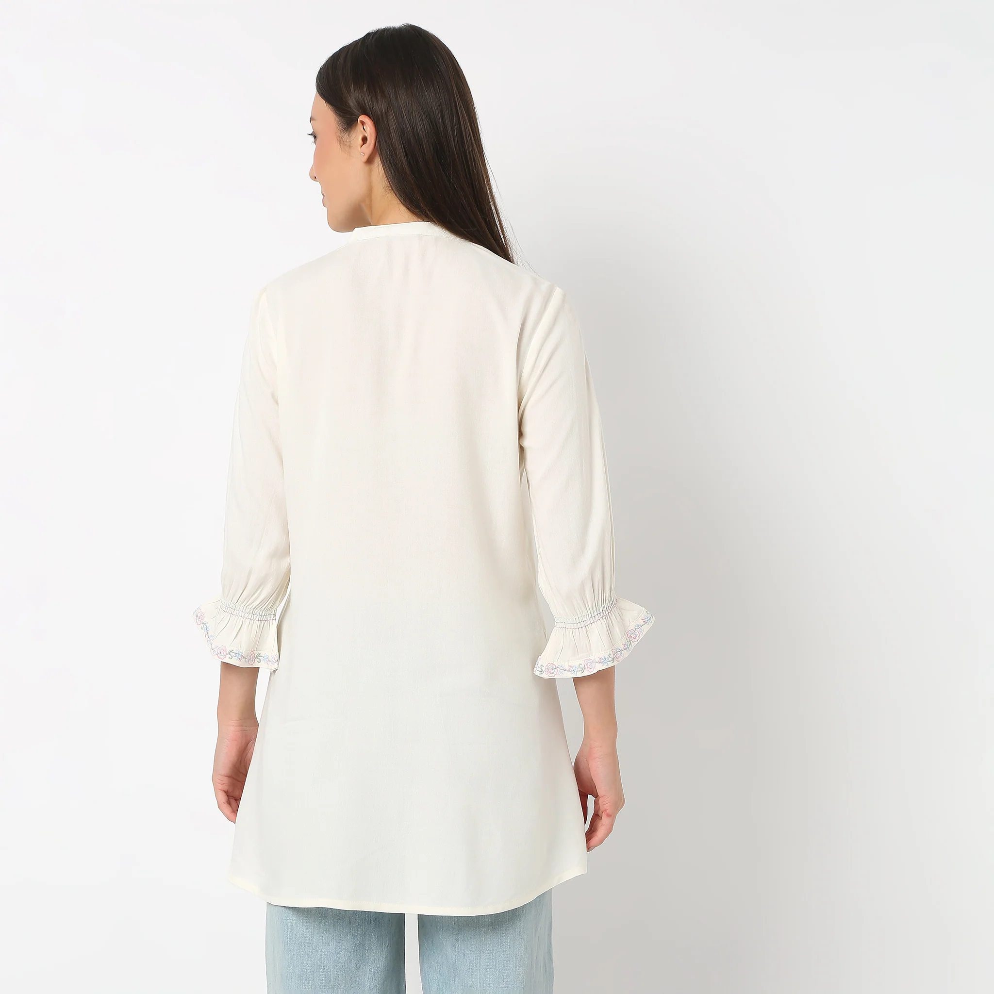 Embroidered Band Neck Three-Fourth Sleeve Flare Fit Tunic - Image 3