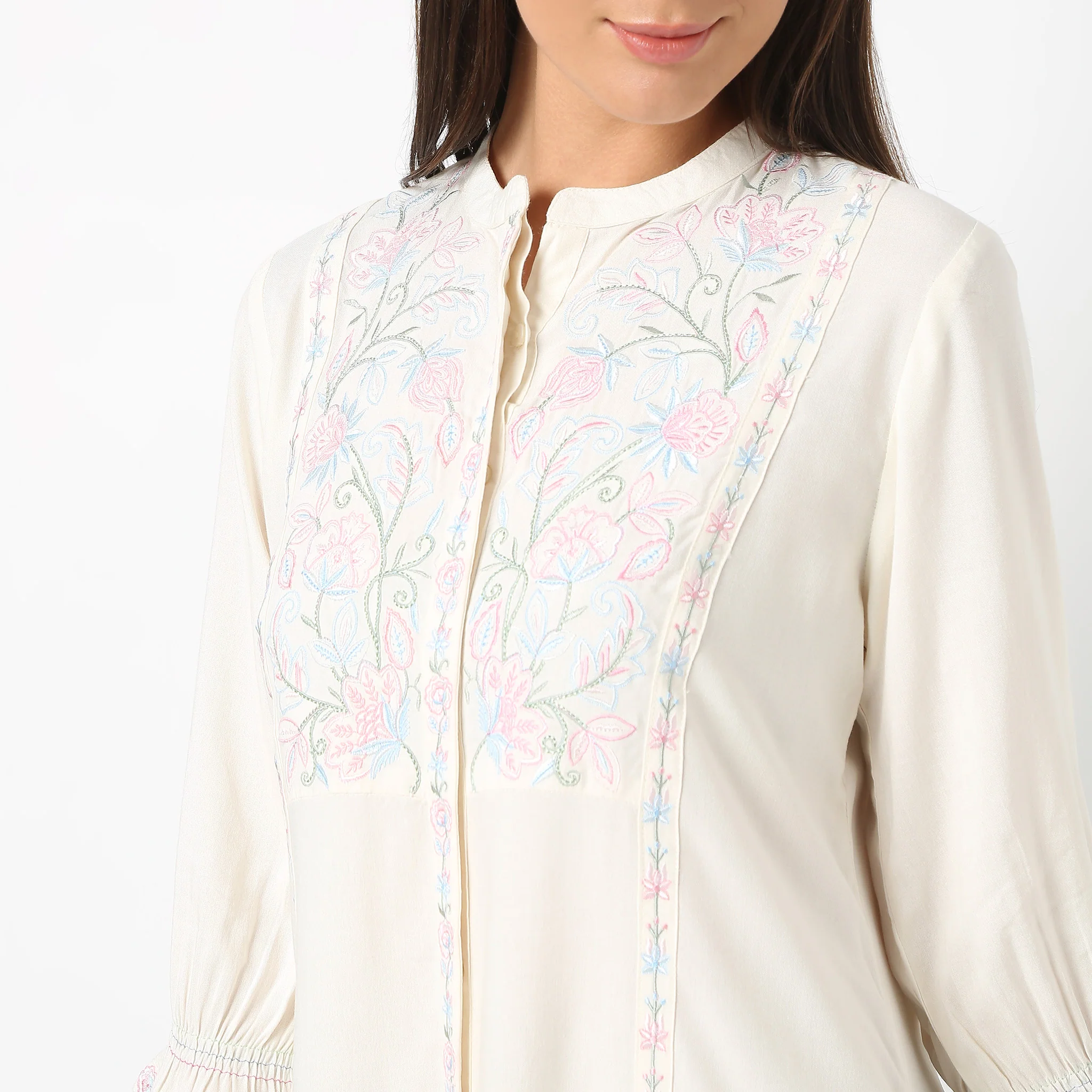 Embroidered Band Neck Three-Fourth Sleeve Flare Fit Tunic - Image 4