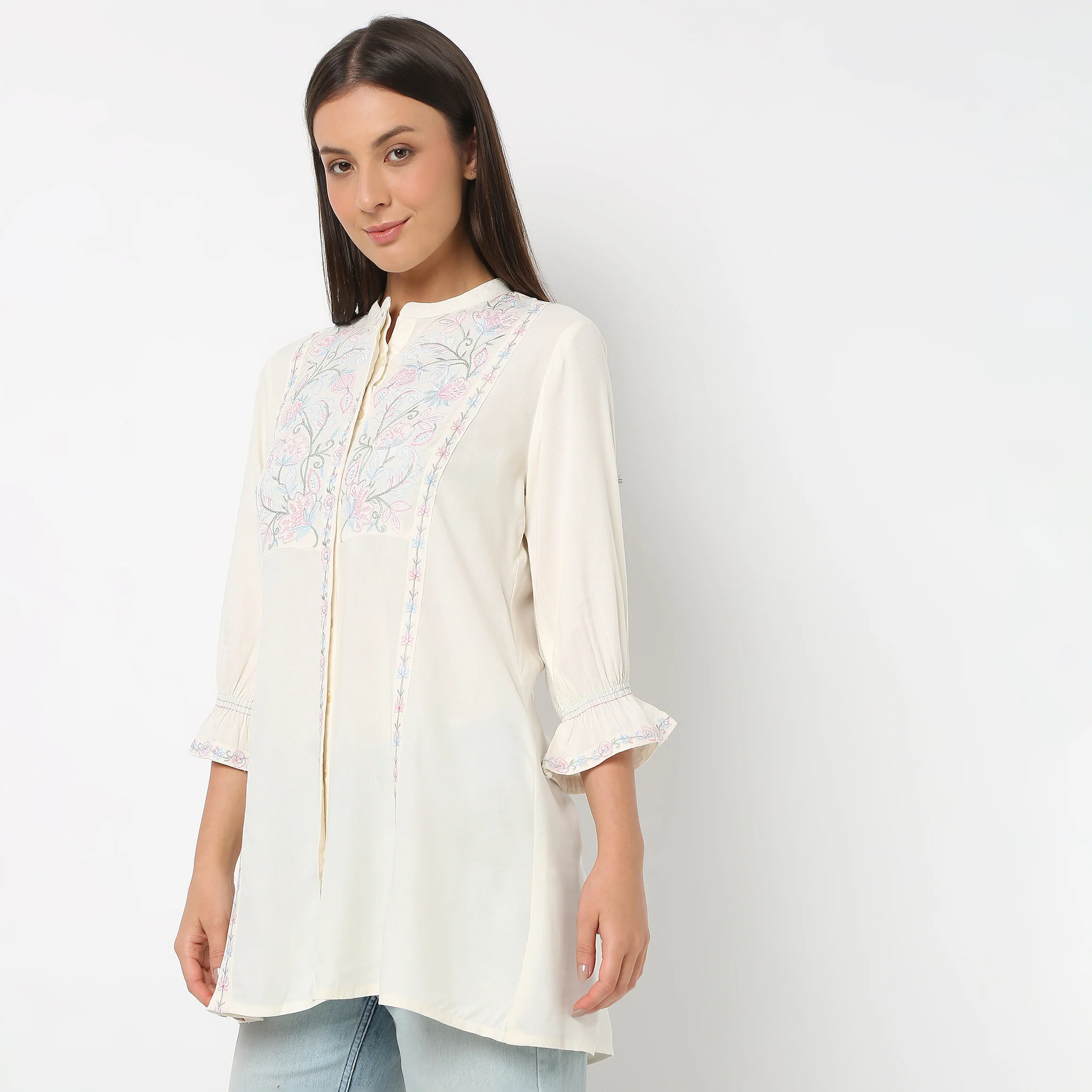 Embroidered Band Neck Three-Fourth Sleeve Flare Fit Tunic - Image 5