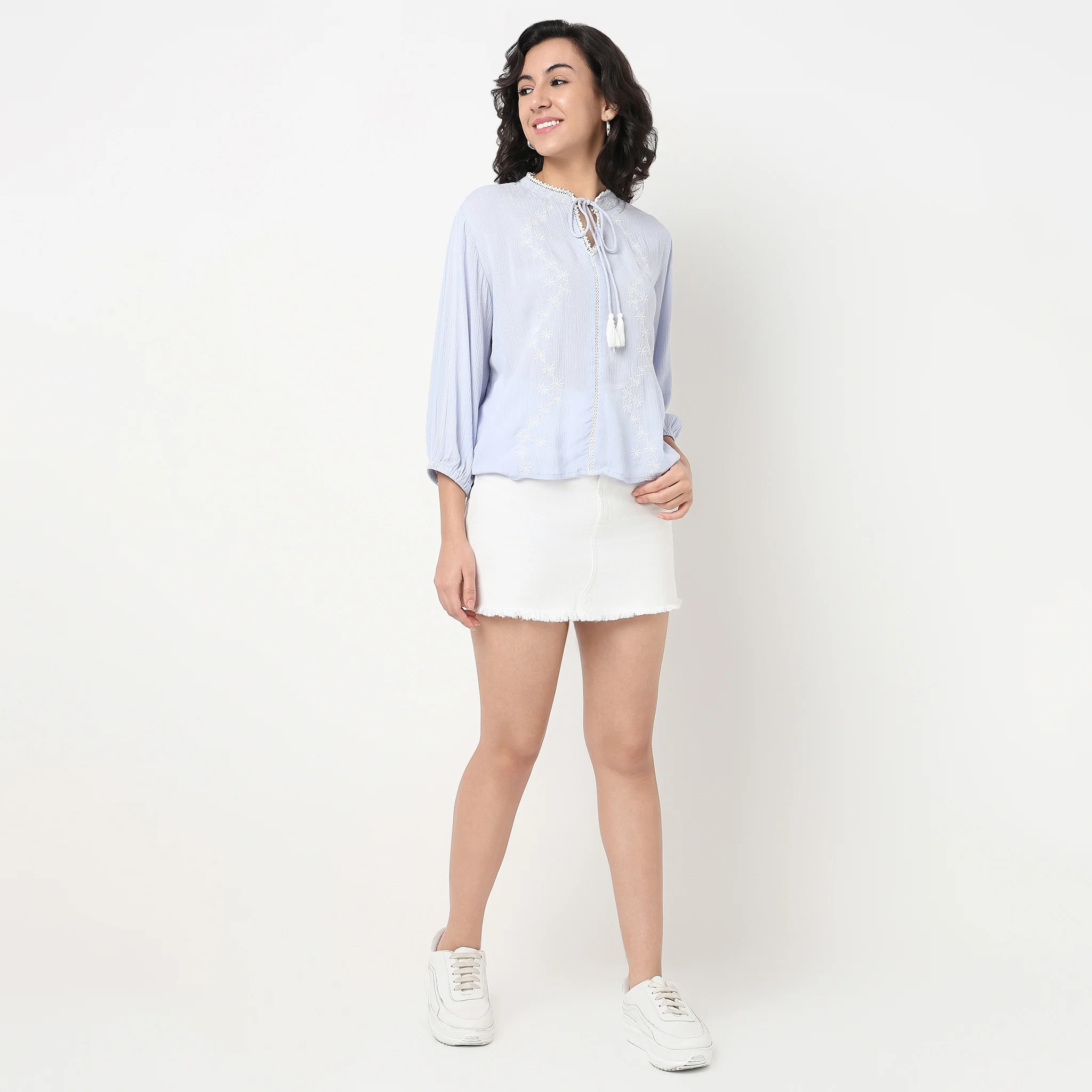 Embroidered Band Neck Top