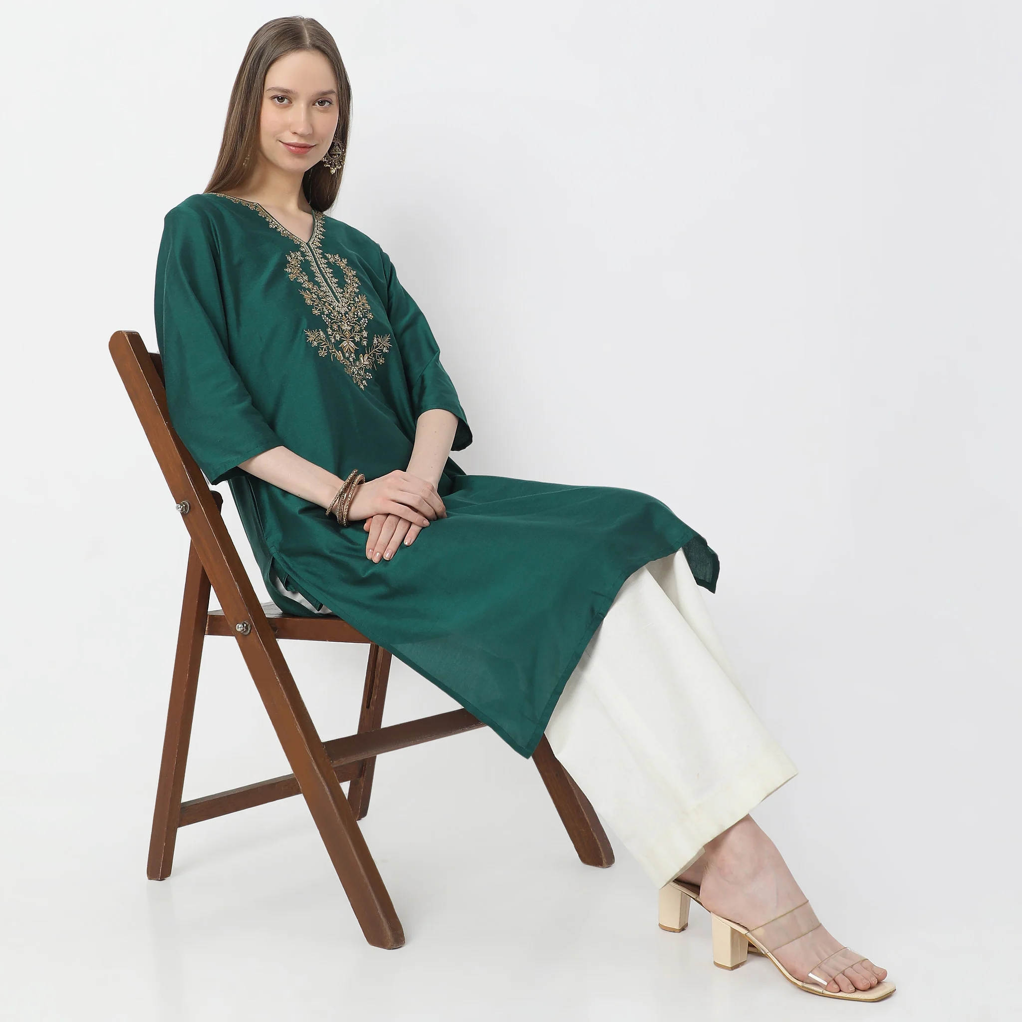 Embroidered V-Neck Straight Kurta