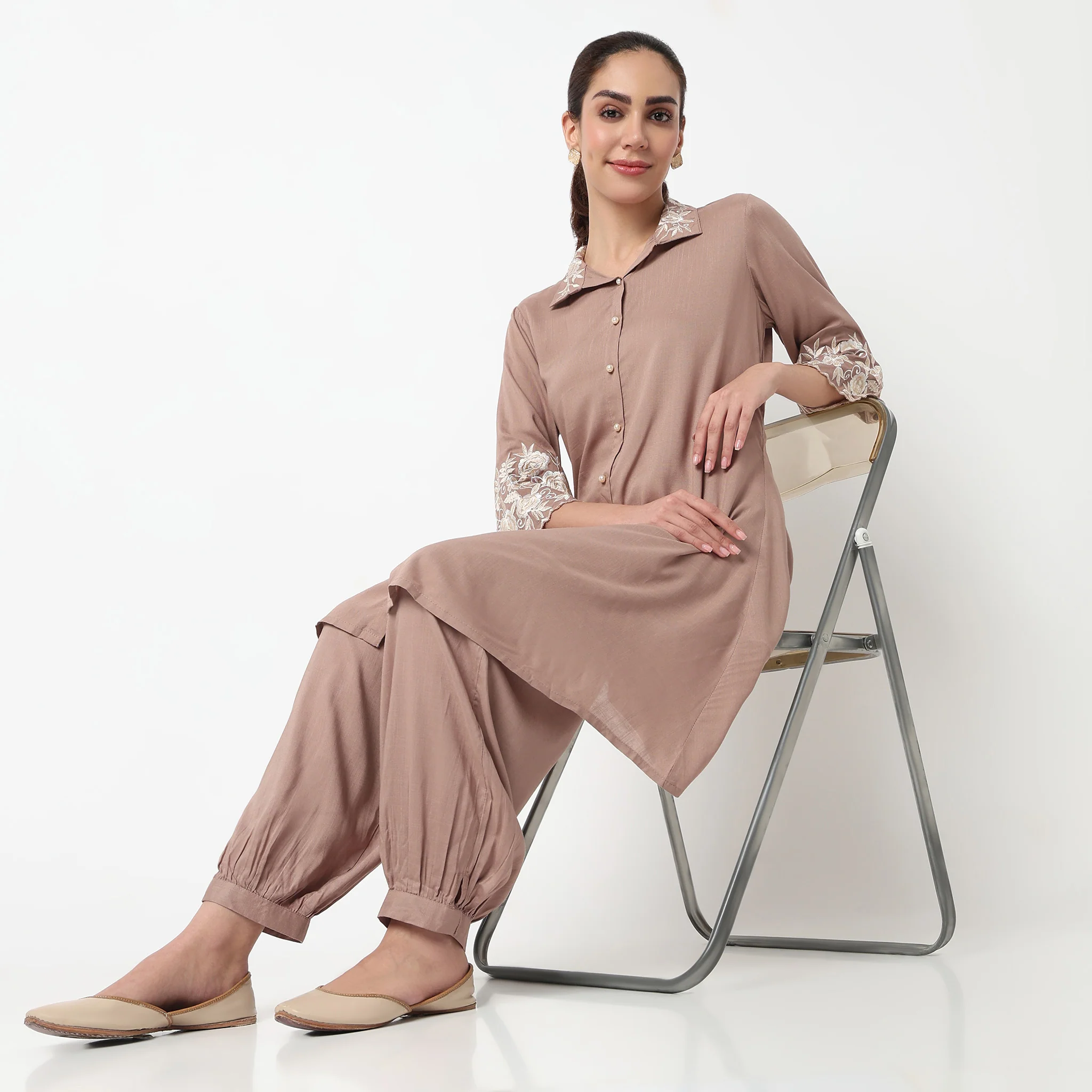 Embroidered Collar Kurta with Pant Set