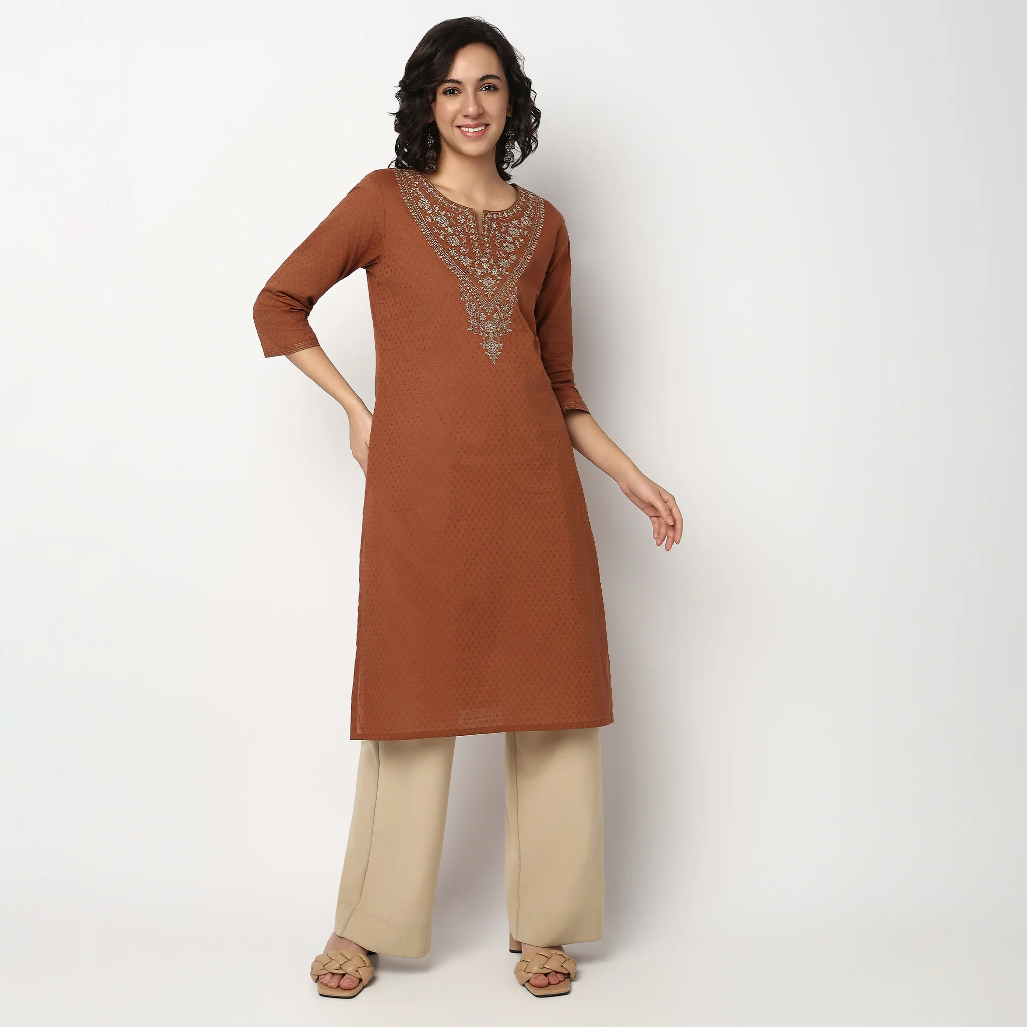 Embroidered Yoke Long Kurta - Image 2
