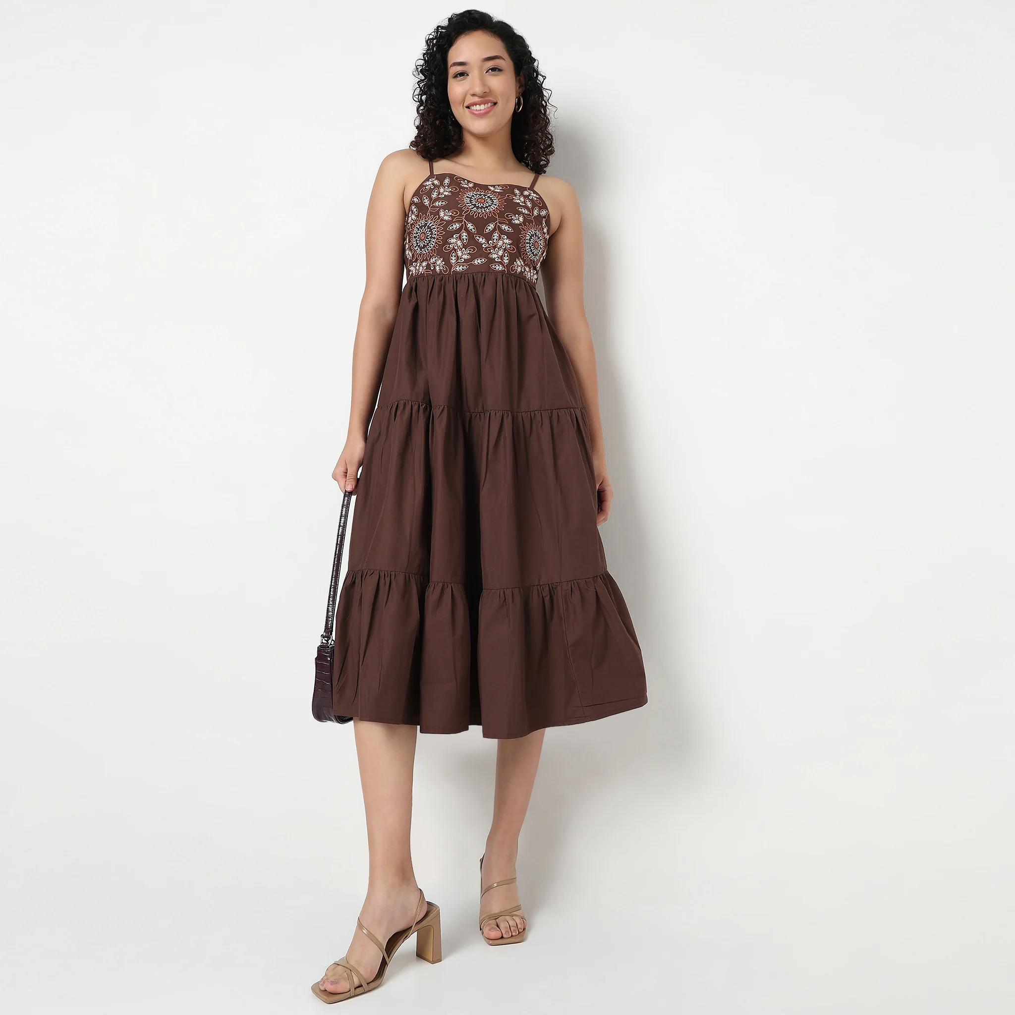 Embroidered Square Neck Flared Dress