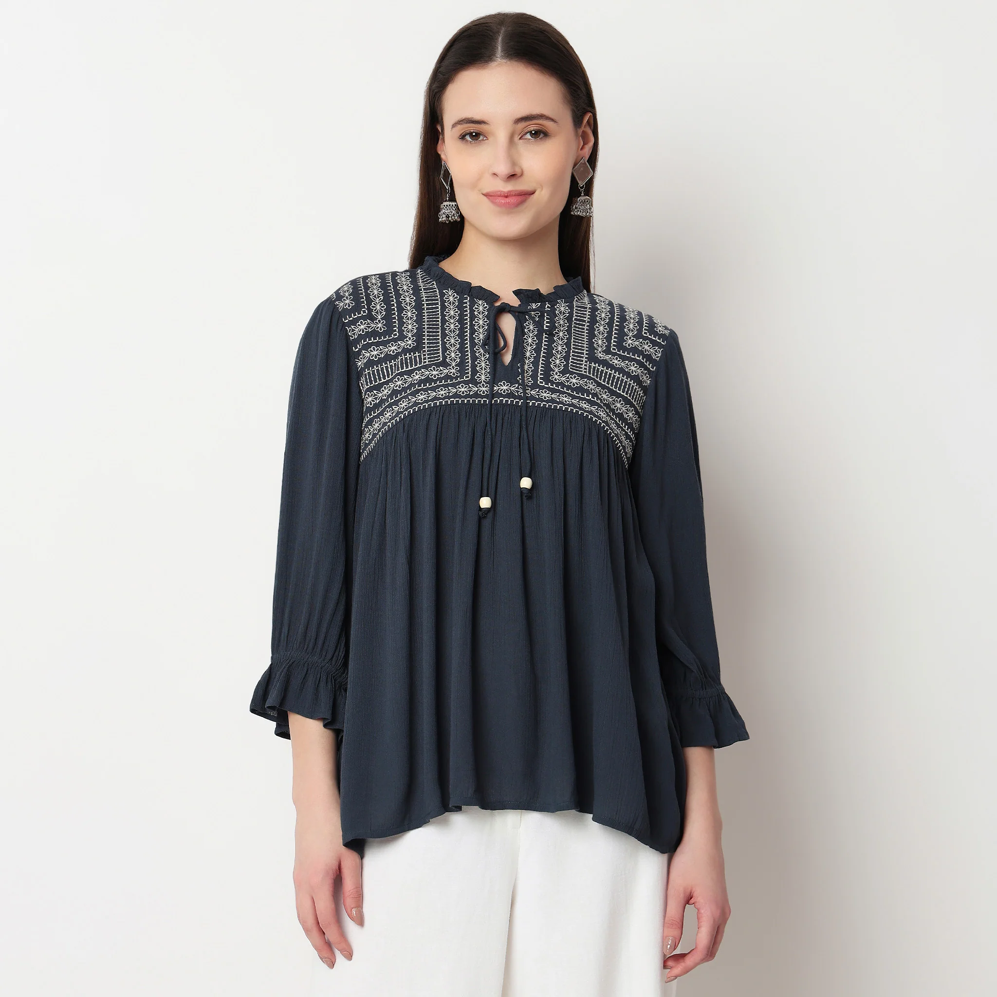 Embroidered Front Gathered Yoke Top - Image 2