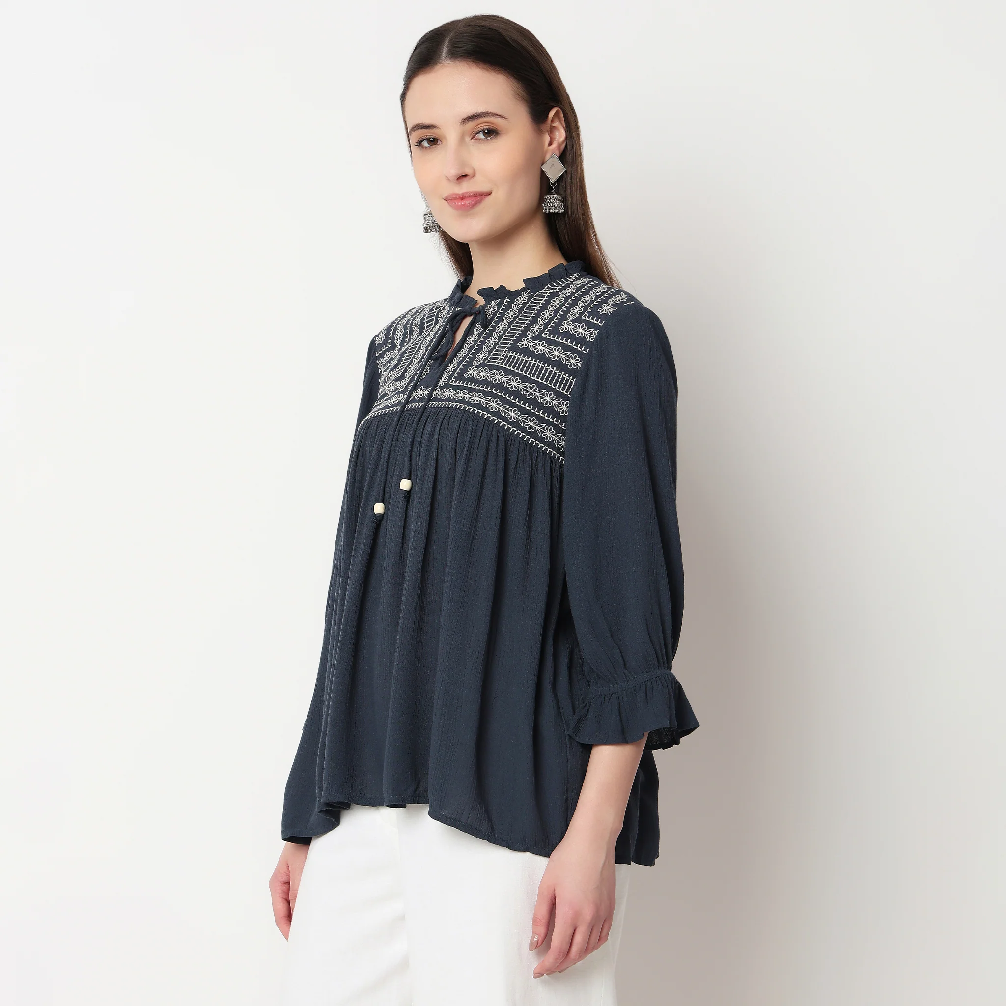 Embroidered Front Gathered Yoke Top - Image 5