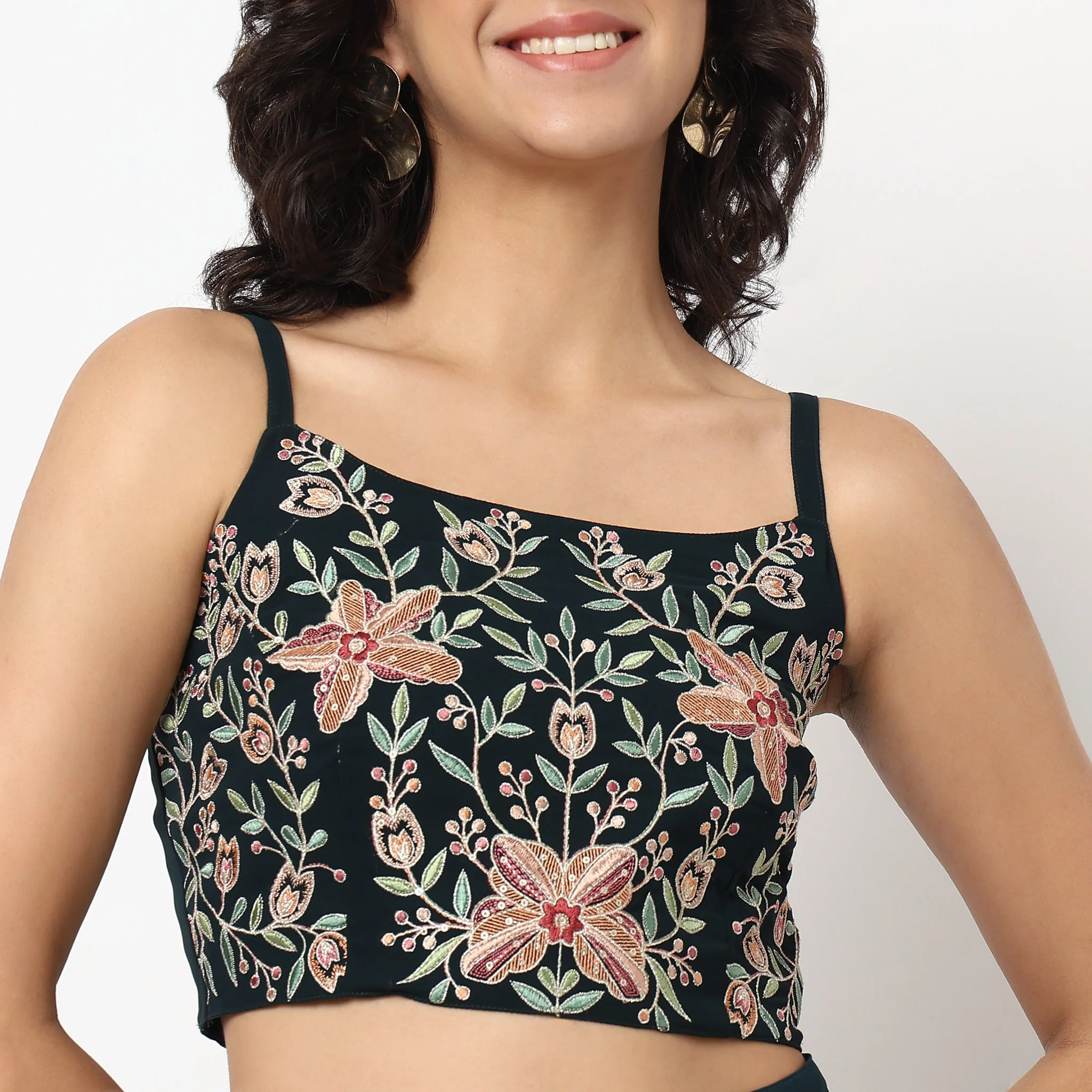 Embroidered Shrug With Front Tie-Up, Crop Top And Flared Palazzo - Image 6