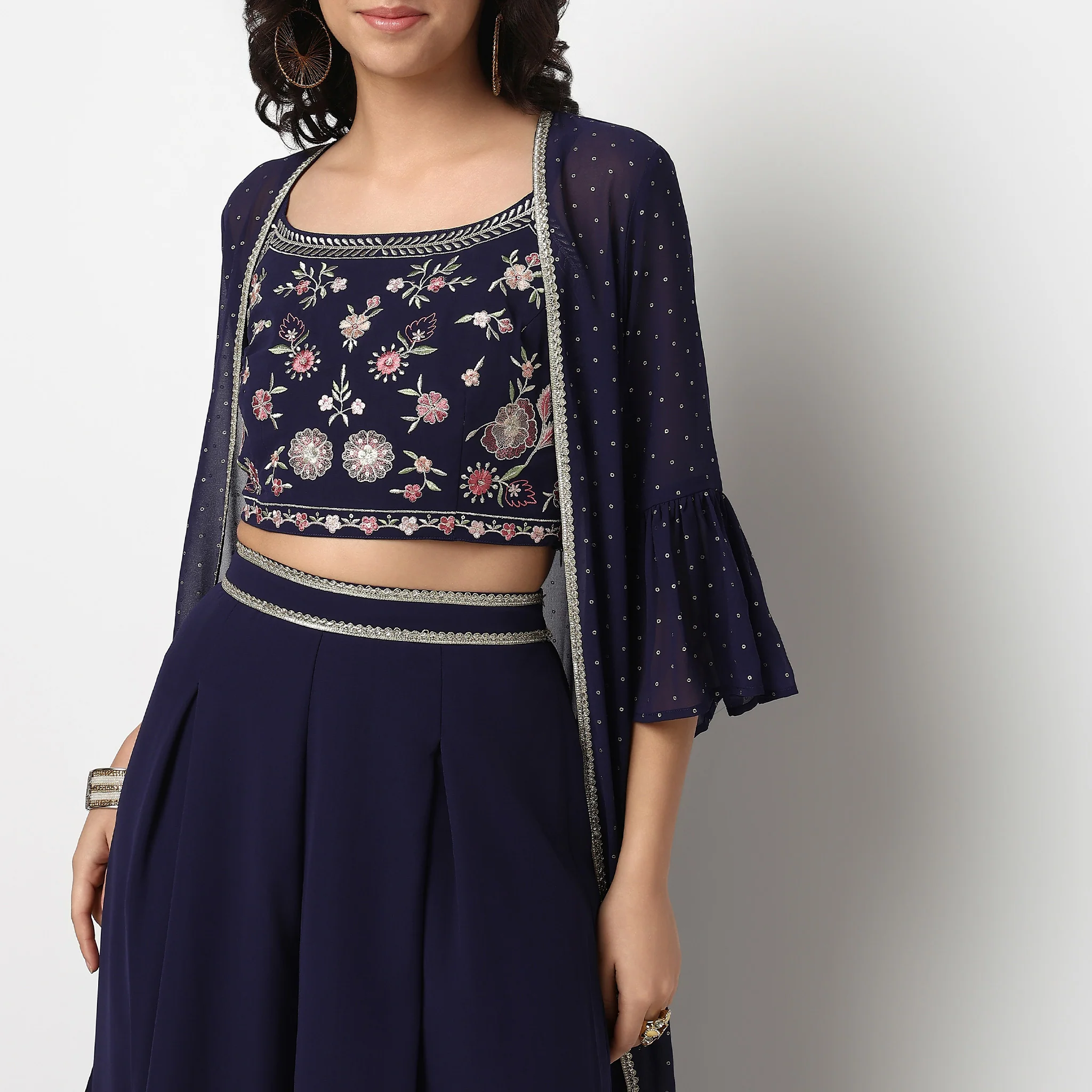Embroidered Long Shrug With Ruffled Sleeves, Crop Top And Flared Palazzo Sets - Image 4