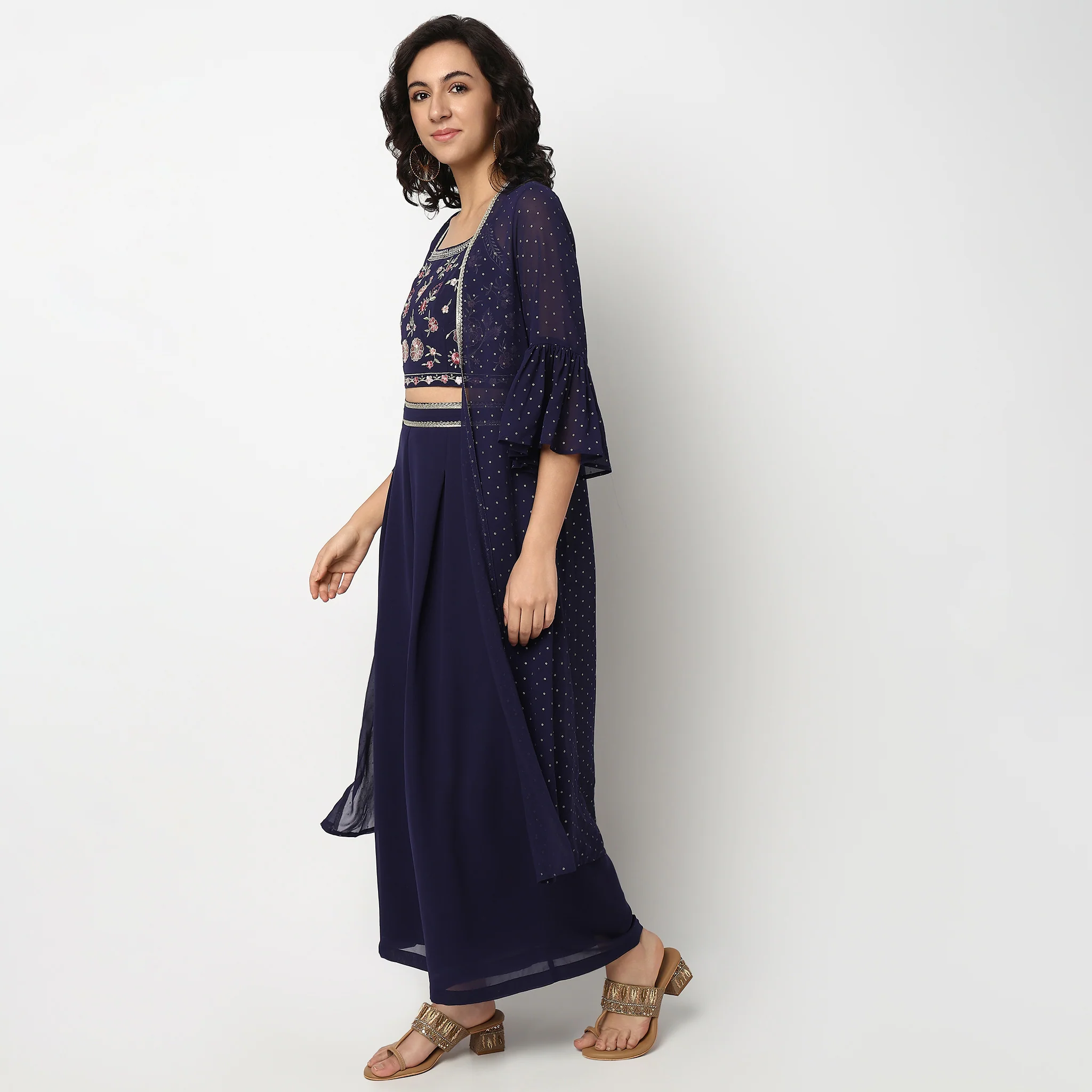 Embroidered Long Shrug With Ruffled Sleeves, Crop Top And Flared Palazzo Sets - Image 5