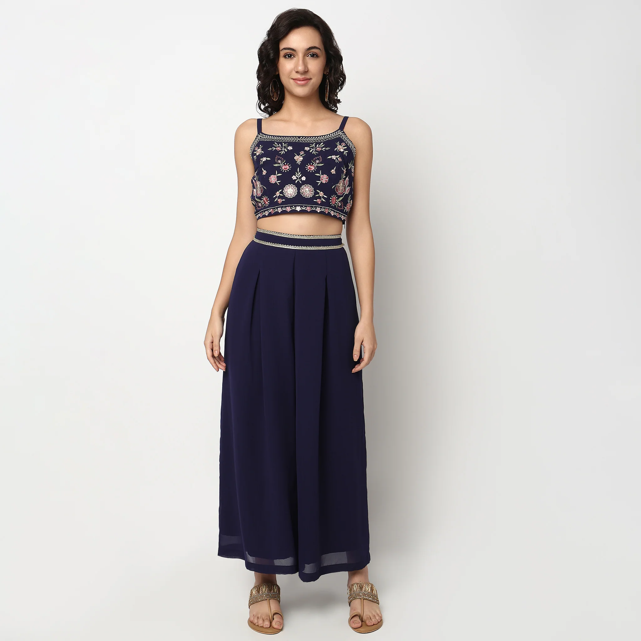 Embroidered Long Shrug With Ruffled Sleeves, Crop Top And Flared Palazzo Sets - Image 8
