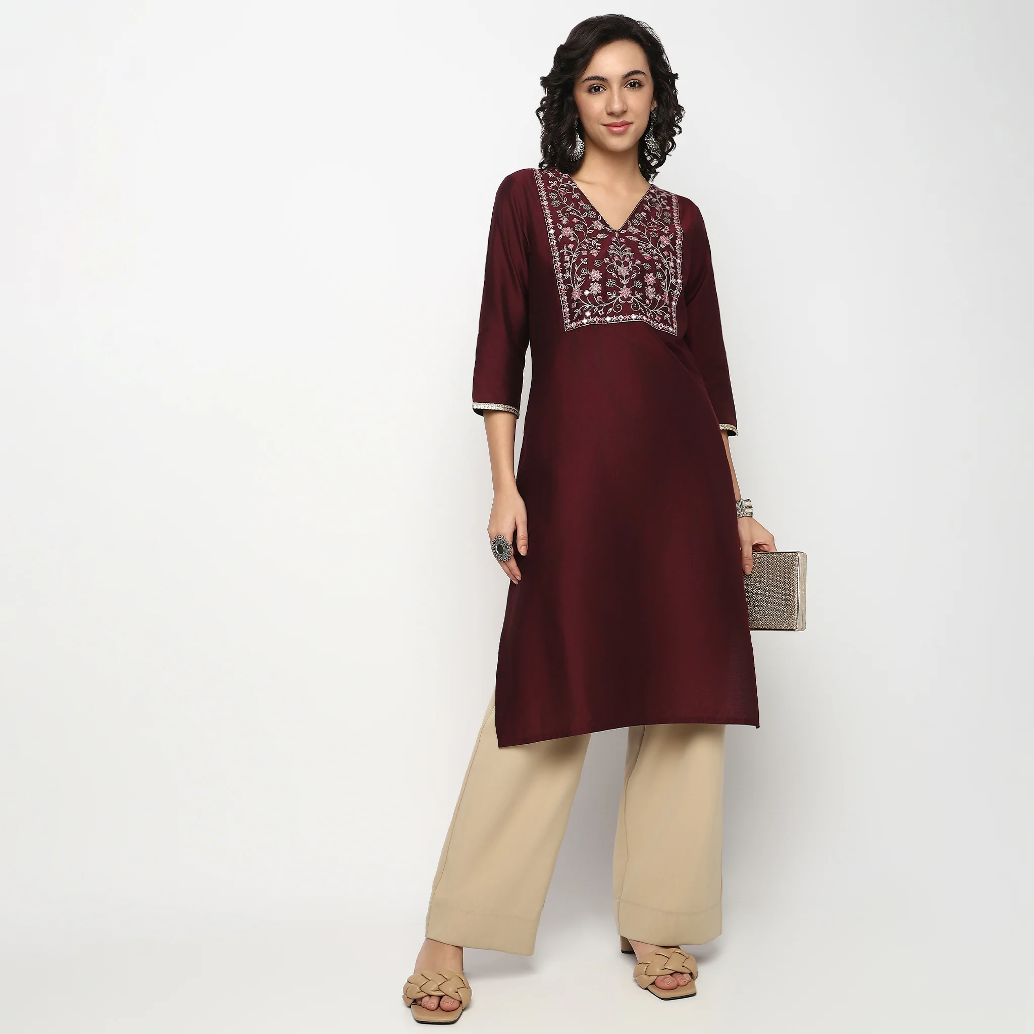 Embroidered V Neck Kurta