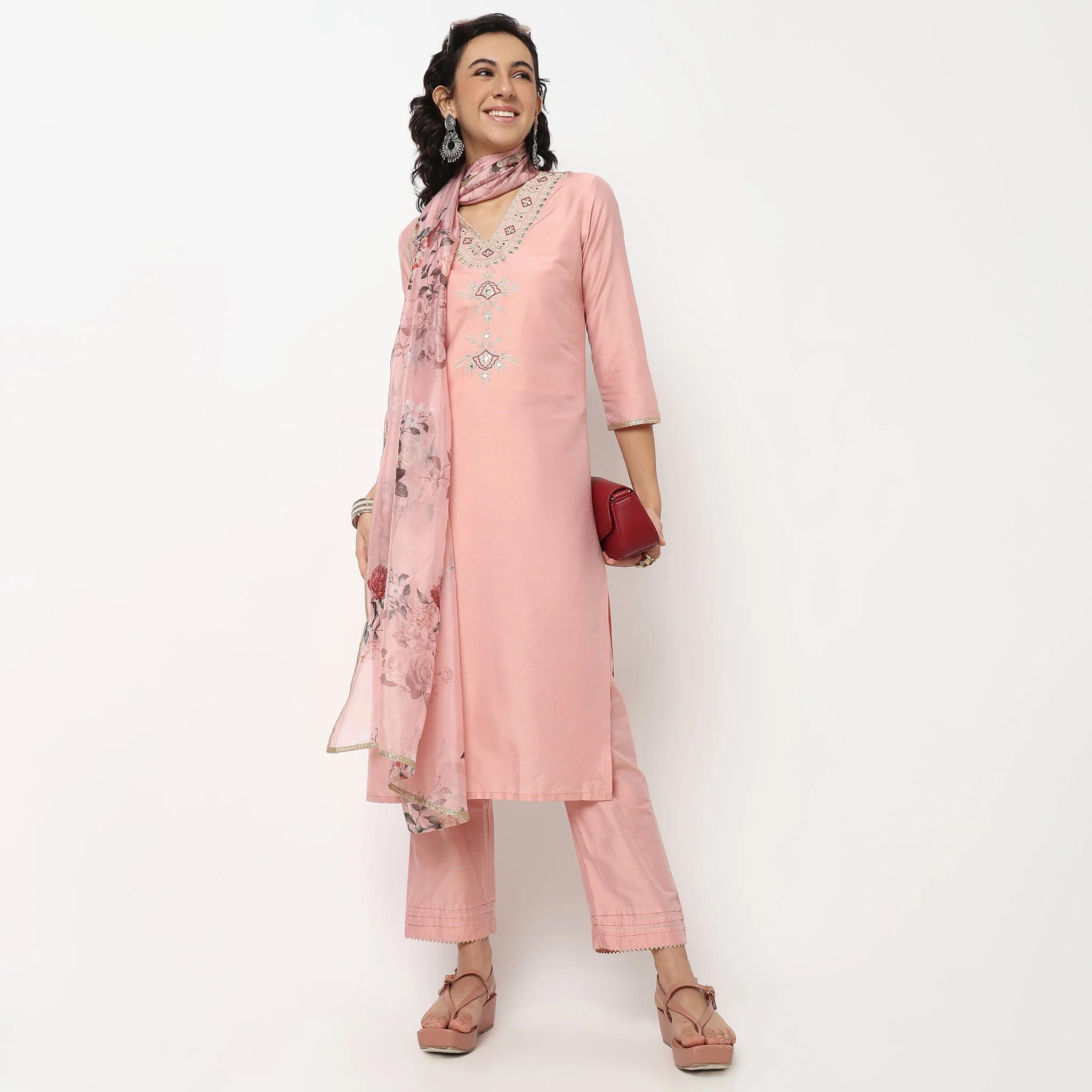 Embroidered V Neck Kurta Set with Dupatta