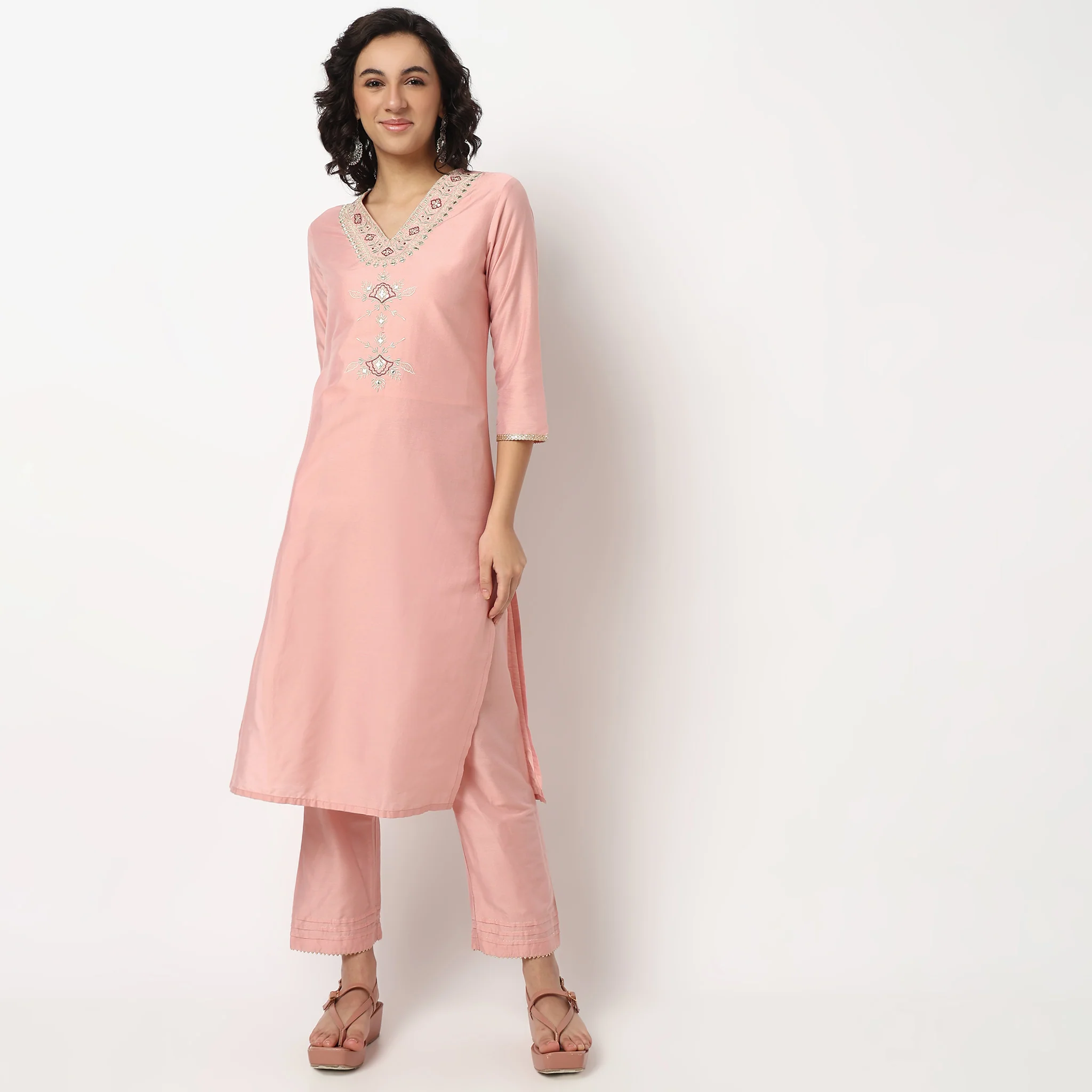 Embroidered V Neck Kurta Set with Dupatta - Image 2