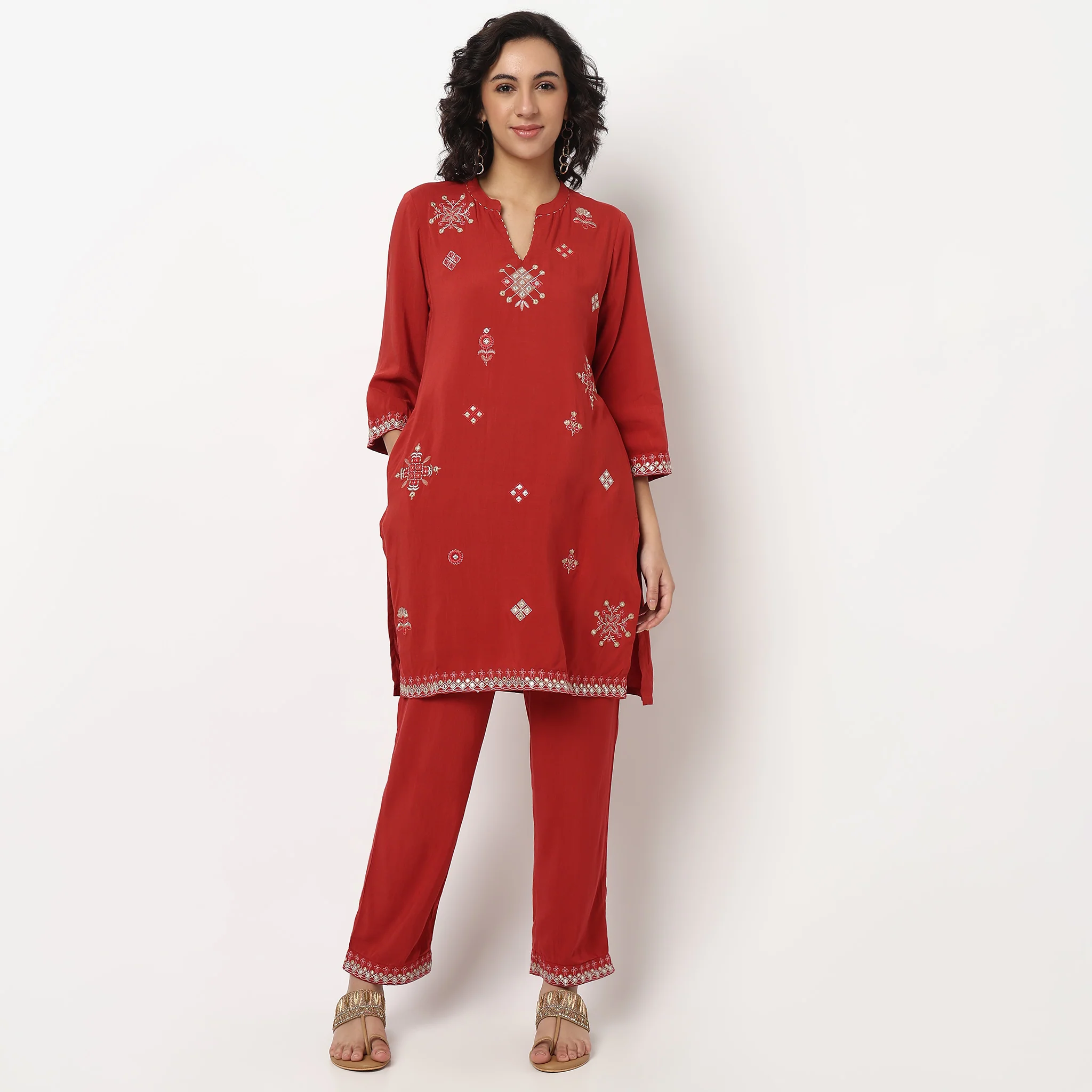 Embroidered Band Collar Kurta Set - Image 2