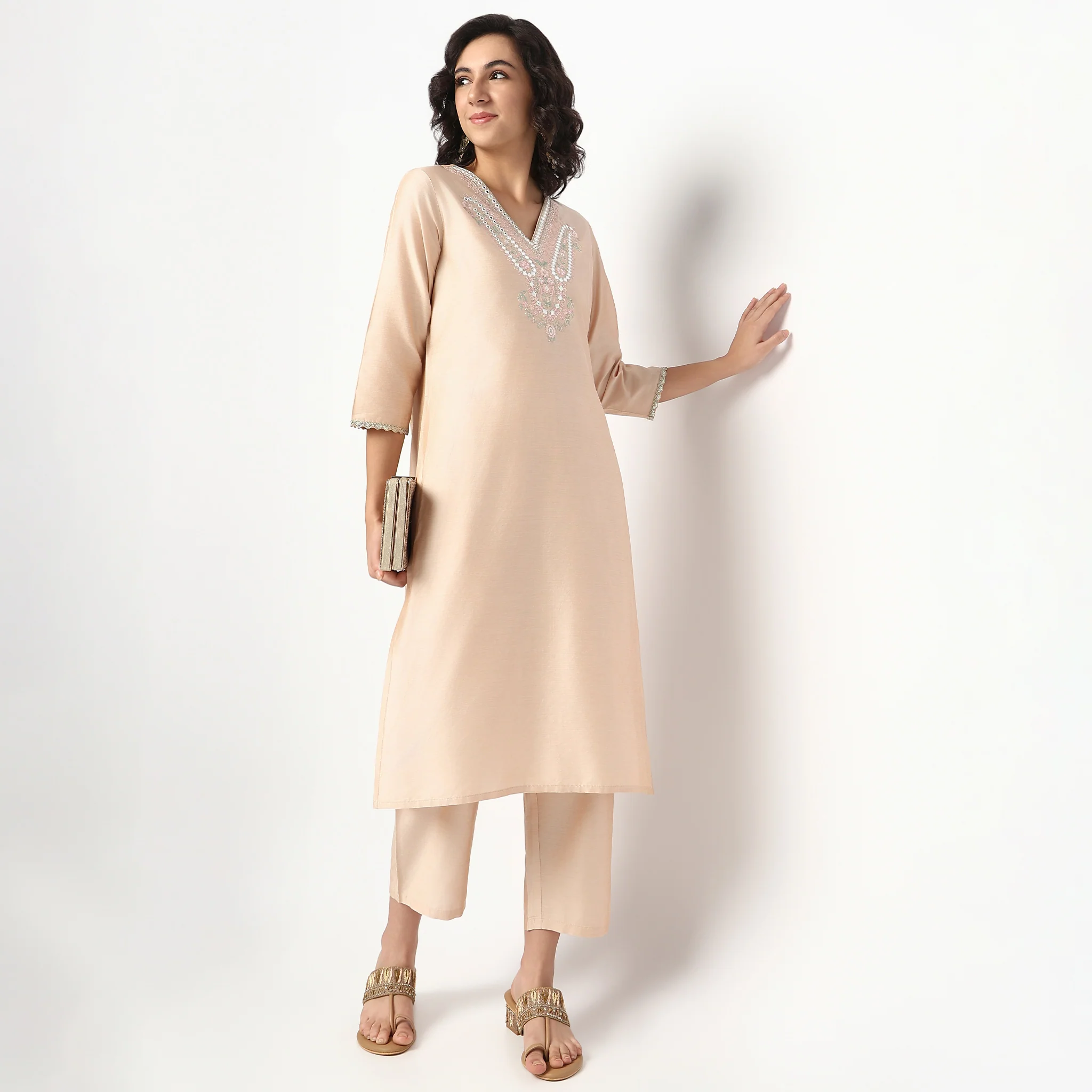Embroidered V Neck Kurta Set