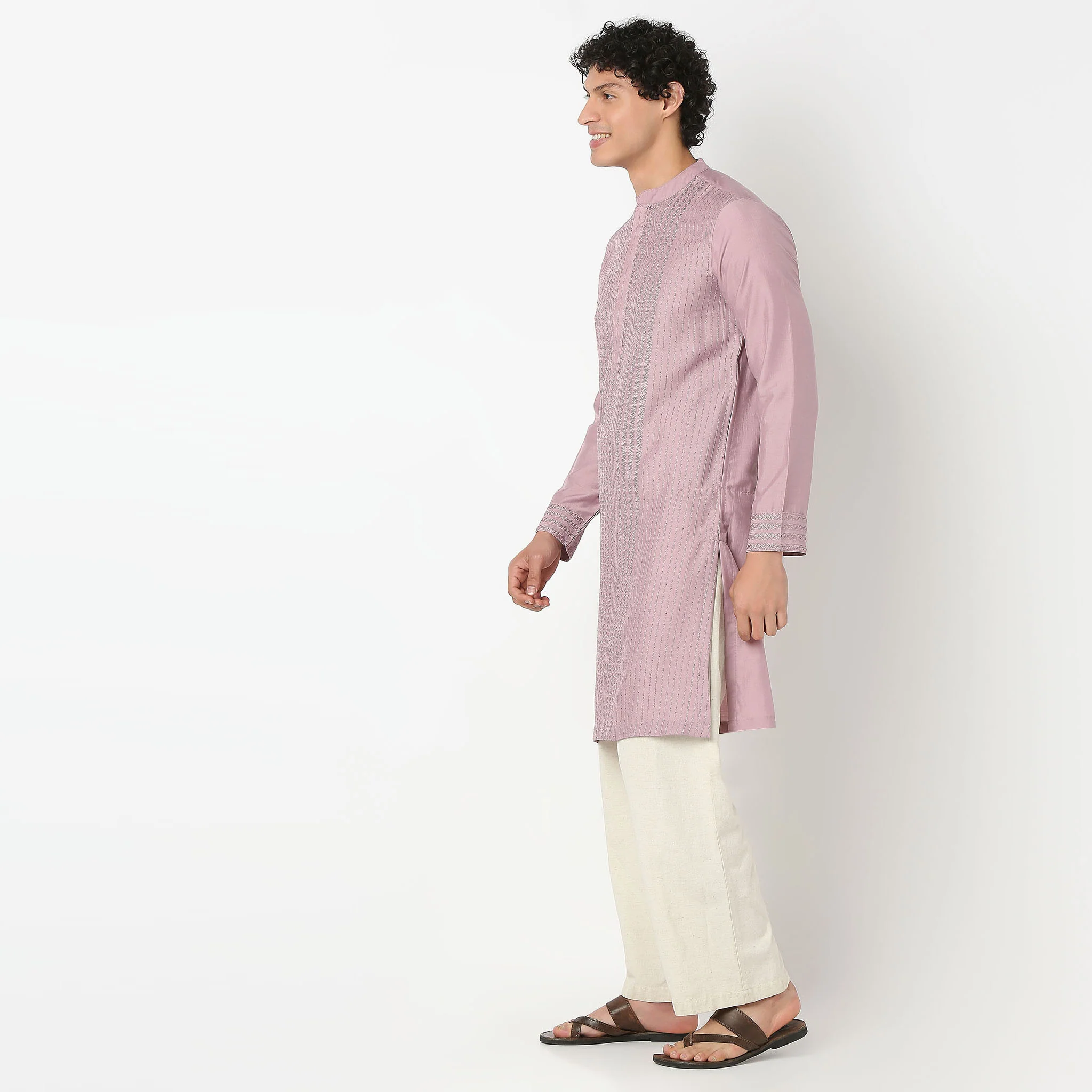 Mandarin Collar Full Length Straight Fit All Over Embroidered Kurta - Image 5