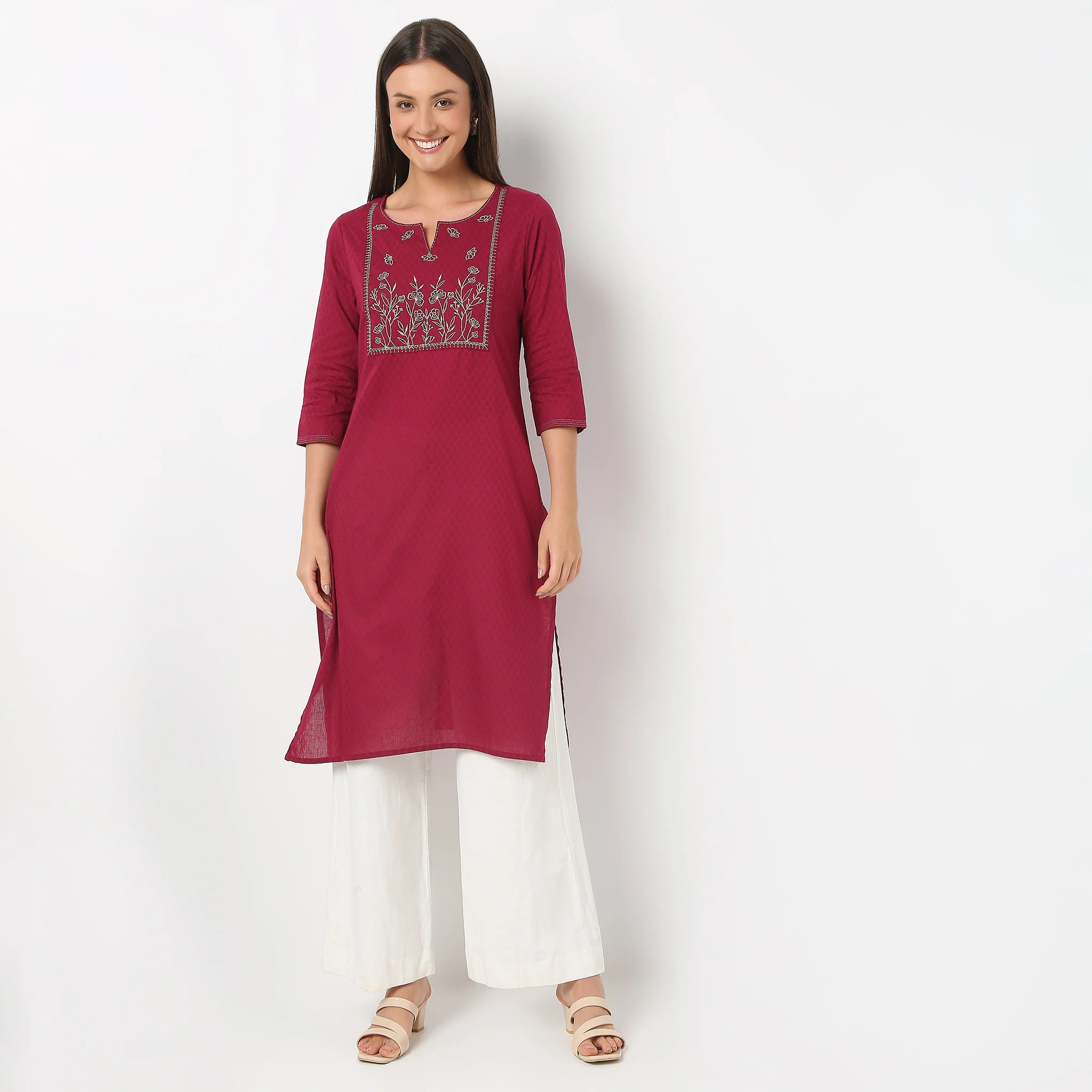 Embroidered Round Neck Knee Length Three-Fourth Sleeve Straight Fit Kurta - Image 2