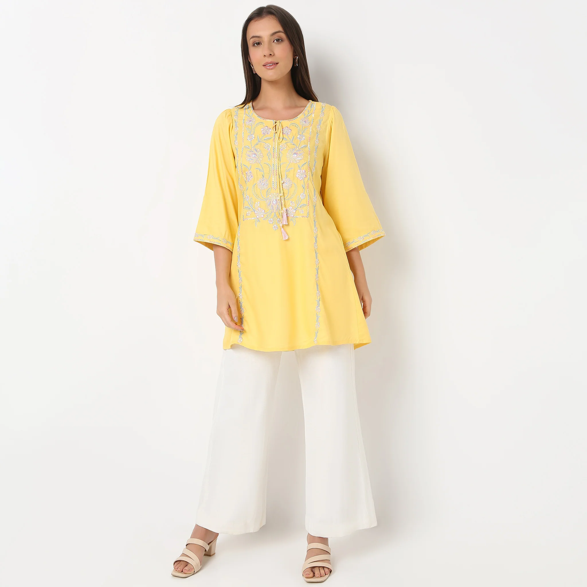 Embroidered Round Neck Three-Fourth Sleeve Straight Fit Tunic - Image 2