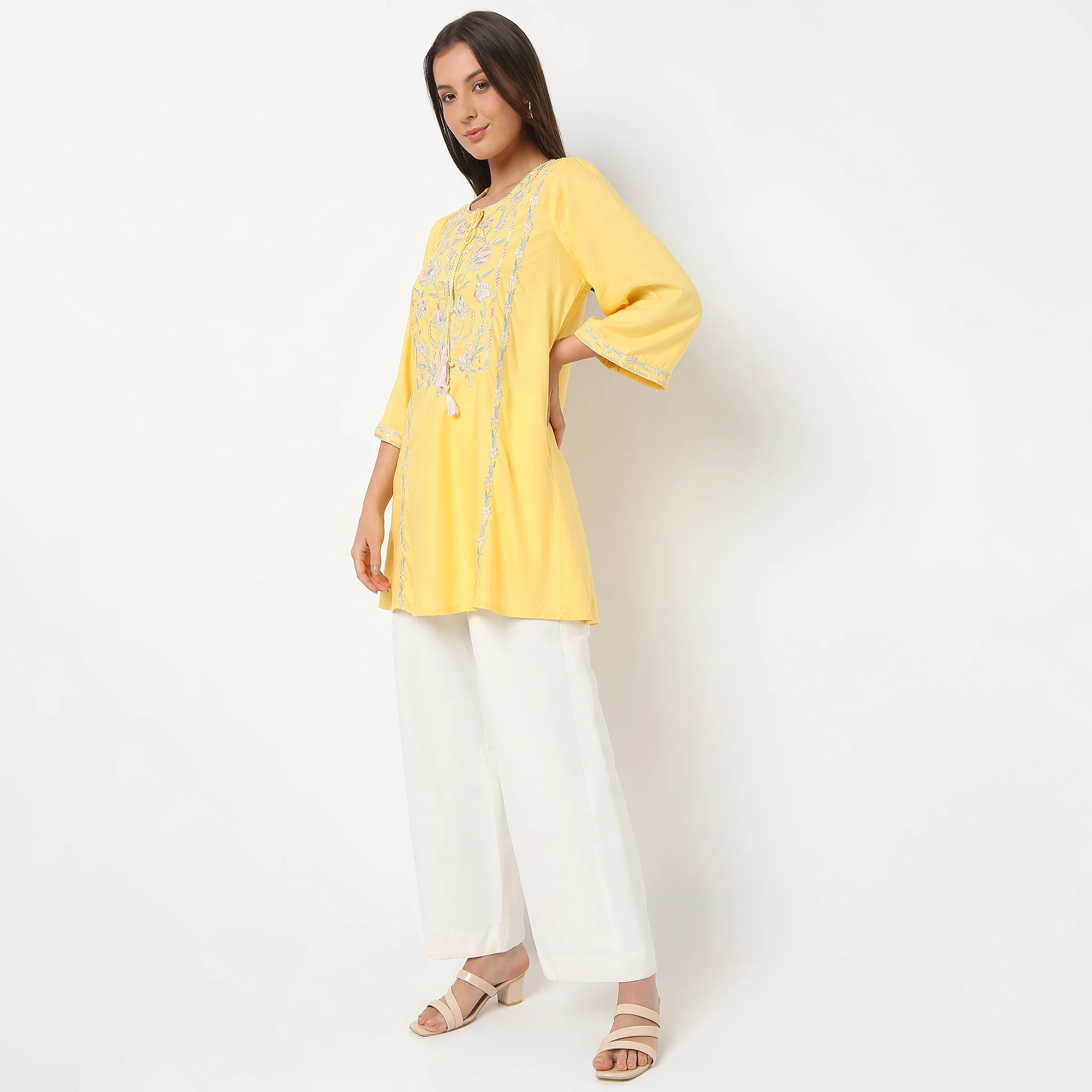 Embroidered Round Neck Three-Fourth Sleeve Straight Fit Tunic - Image 5