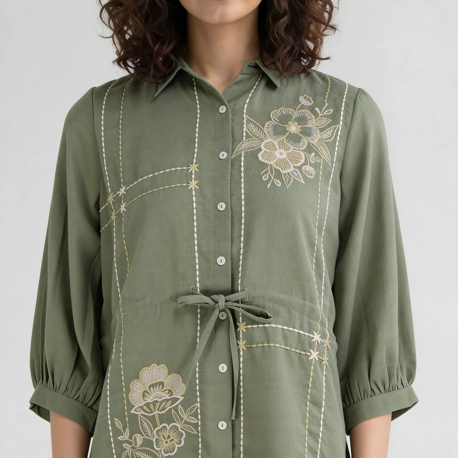 Embroidered Shirt With Waist Tie Up - Image 4