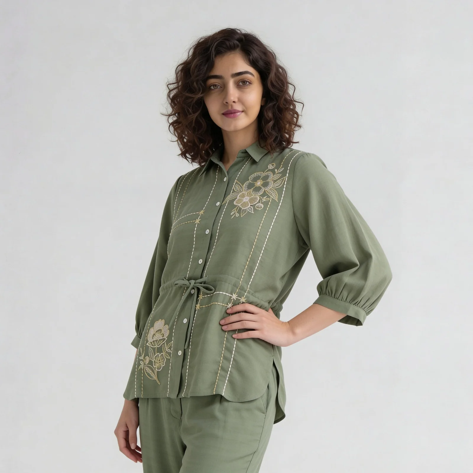 Embroidered Shirt With Waist Tie Up - Image 5