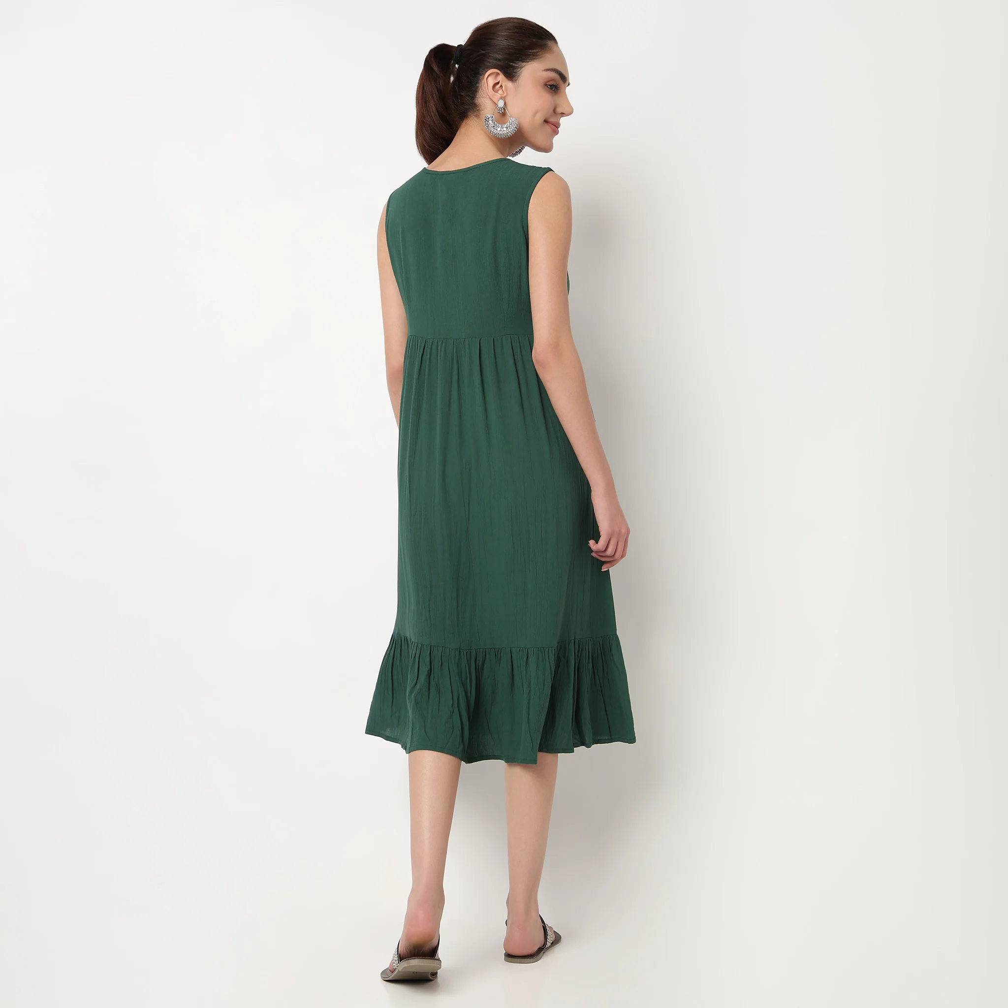 Embroidered Tie Up Neck Tiered Dress With Elasticated Sleeve - Image 3
