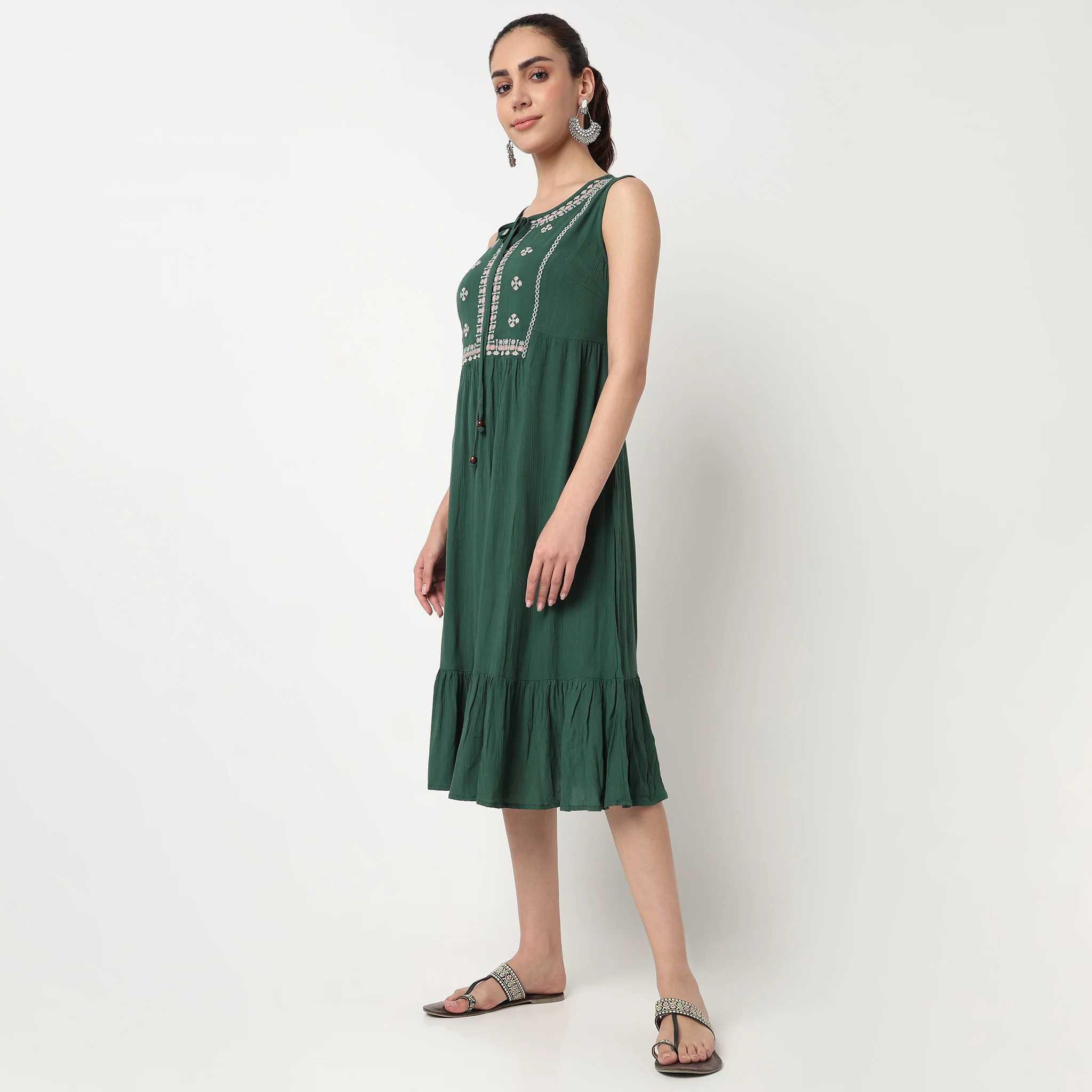 Embroidered Tie Up Neck Tiered Dress With Elasticated Sleeve - Image 5