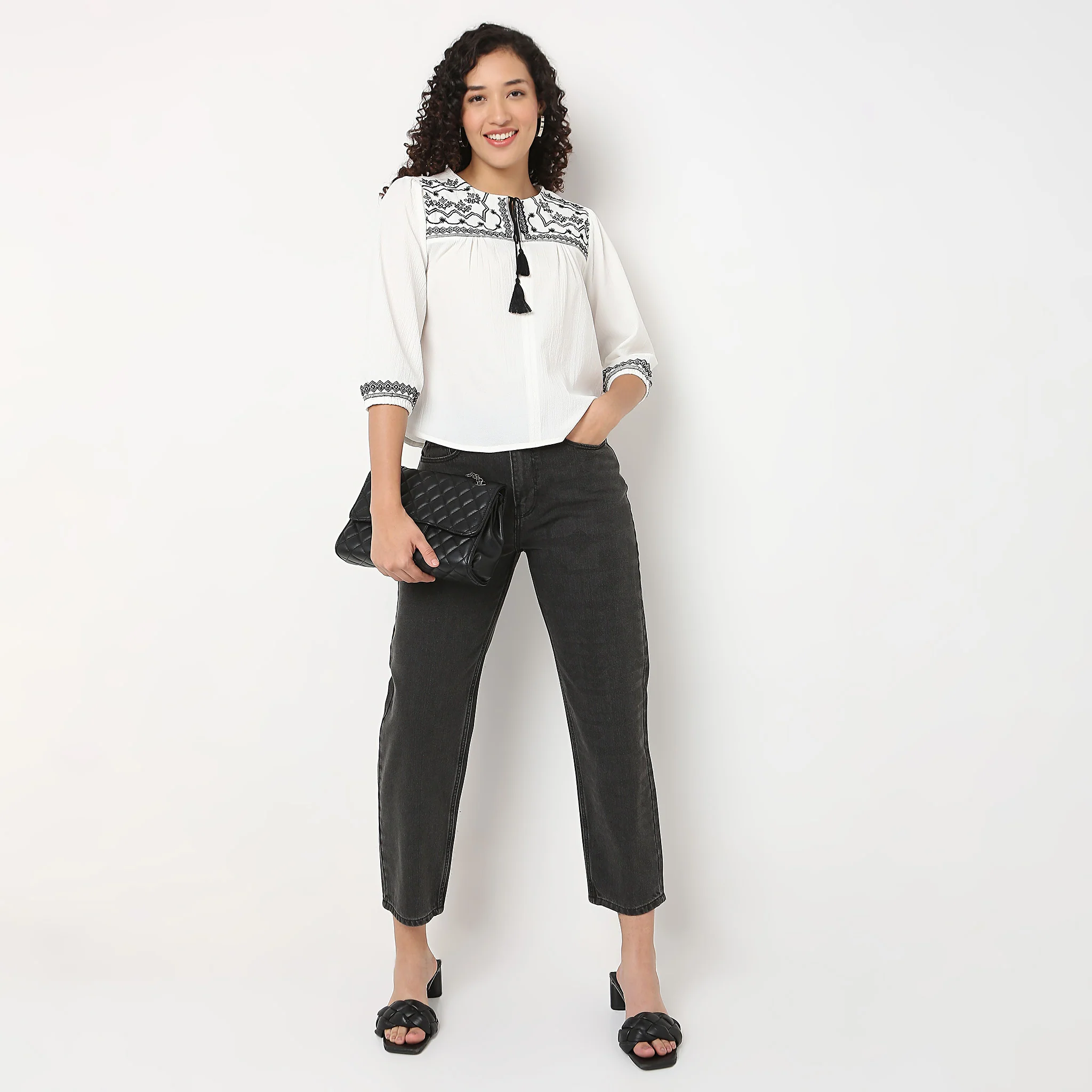 Embroidered Tie-Up Neck Top