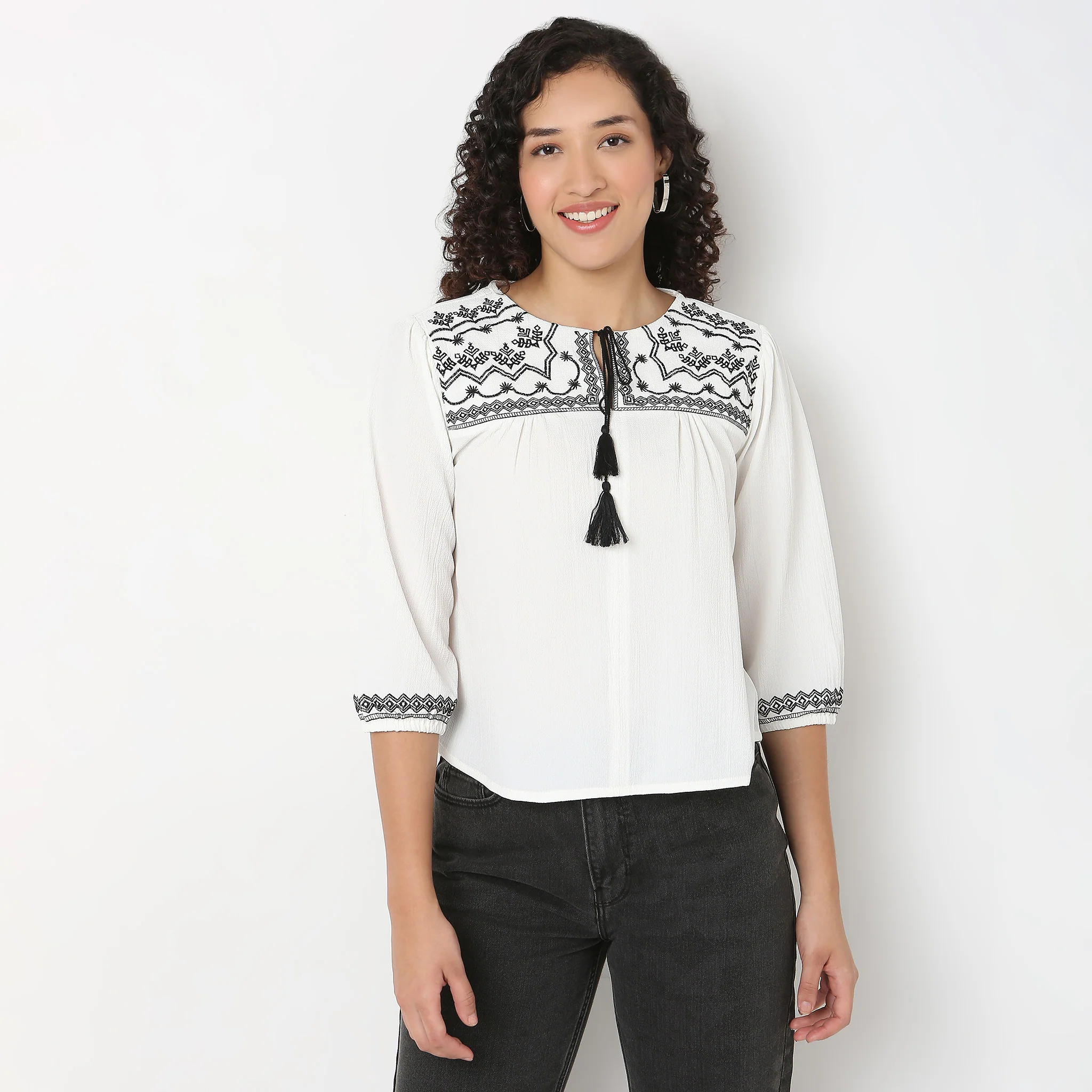 Embroidered Tie-Up Neck Top - Image 2