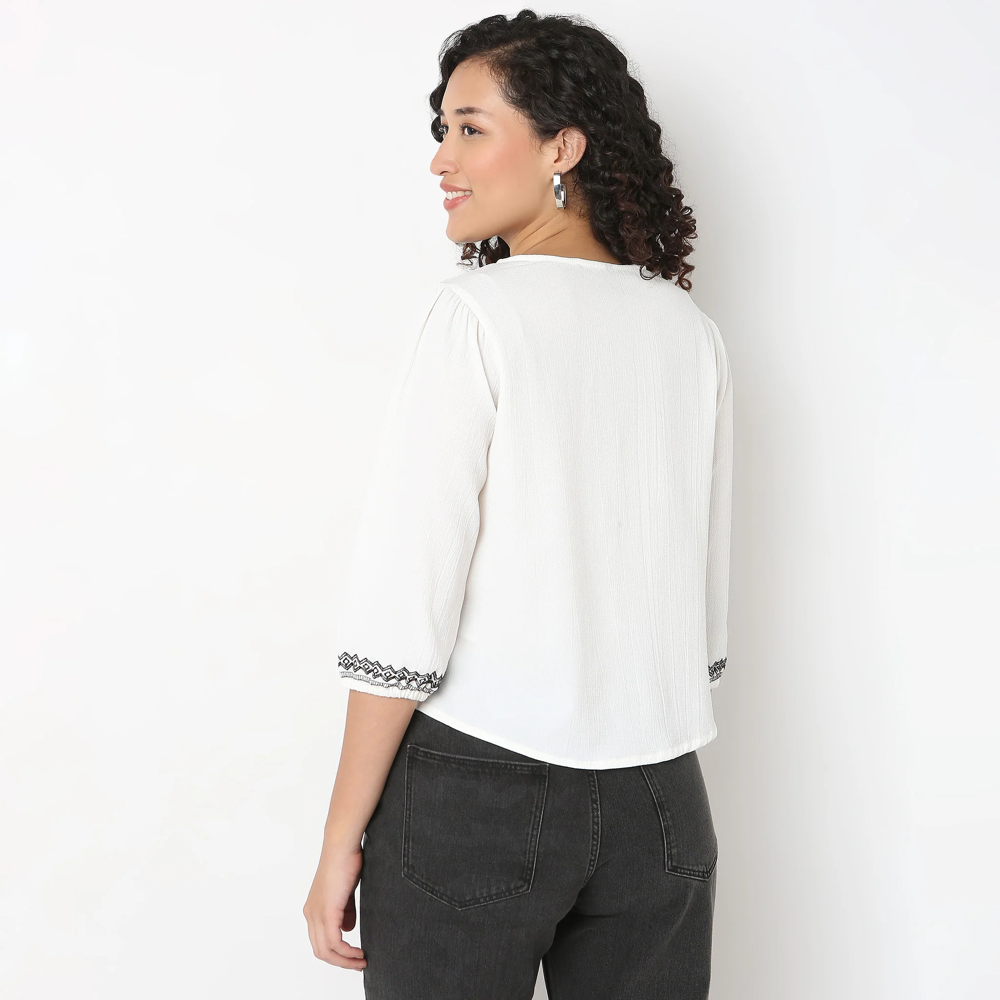 Embroidered Tie-Up Neck Top - Image 3